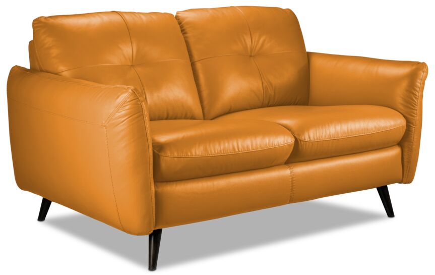 Carlino Leather Loveseat Sofa - Honey Yellow Genuine Leather 2-Seater Couch for Living Room, Lounge & Office - Modern Comfortable Small Space Furniture
