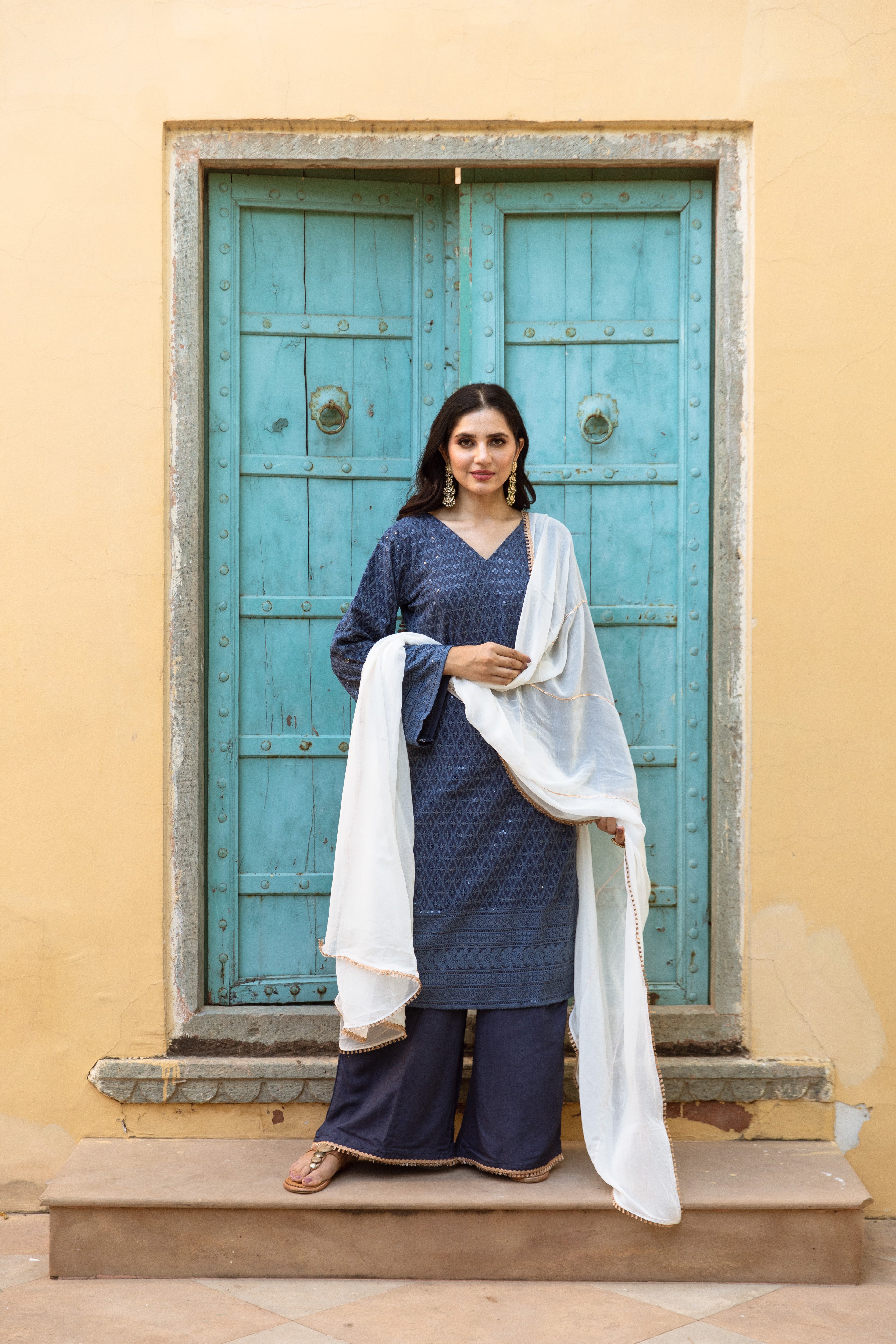 Mahika Chikankari Embroidered Cotton Suit Set for Women | Traditional Indian Kurti with Palazzo & Dupatta | Perfect for Festivals, Weddings & Ethnic Parties
