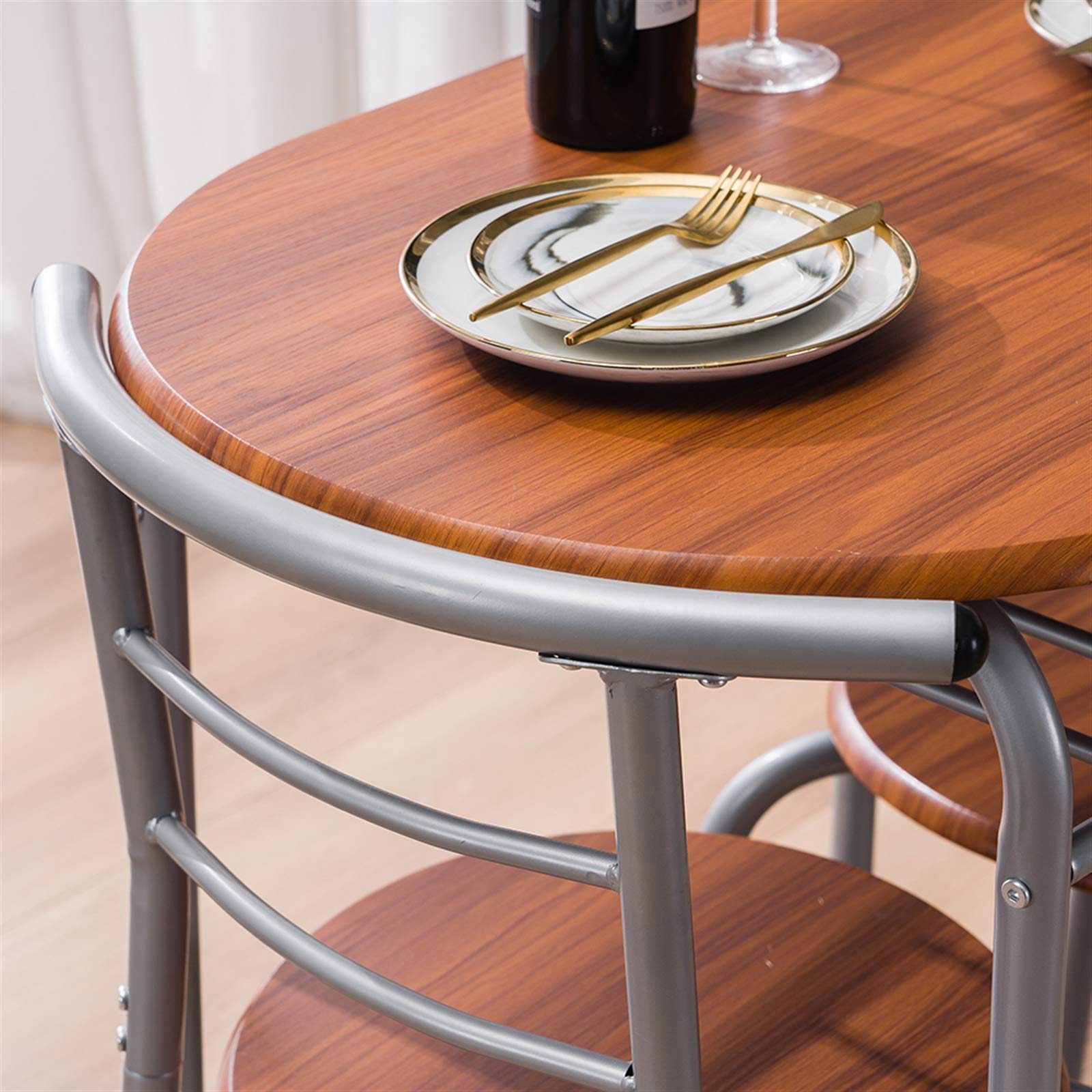 Compact 3-Piece Round Kitchen Table Set for 2 - Small Space Dining Table with 2 Chairs, Breakfast Nook Set with Wine Rack & Fruit Stand - Perfect for Apartments, Studios & Cozy Kitchens (Brown Wood)