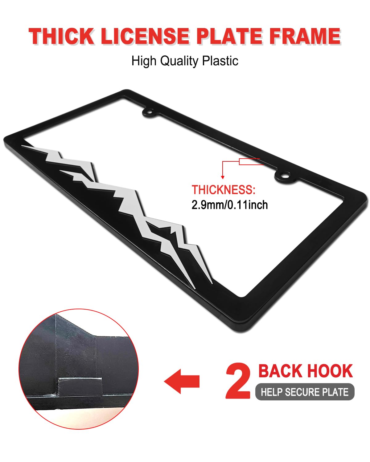Mountain License Plate Frames - 2 Pack Black Plastic Car Tag Holder Bracket with Screw Caps & Vinyl Sticker (2 Hole, White on Black) - Perfect for Off-Road Vehicles, Trucks & SUV Customization