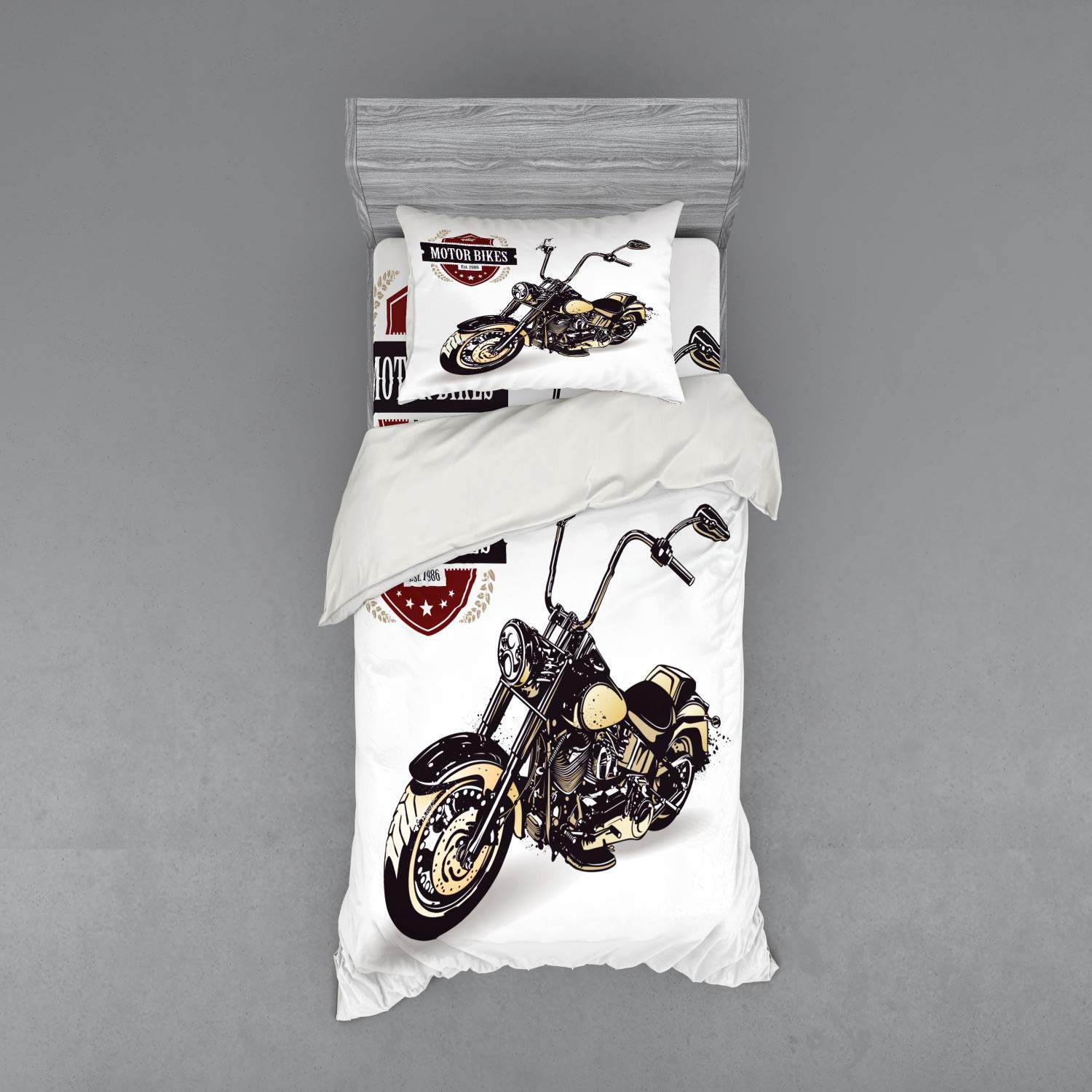 Ambesonne Motorcycle Duvet Cover Set - Chopper Customized Motorcycle with Club Insignia, Hippie Classic Retro 3-Piece Bedding Set (Twin XL, Black Beige) - Perfect for Biker Themed Bedrooms, Motorcycle Enthusiasts & Retro Home Decor