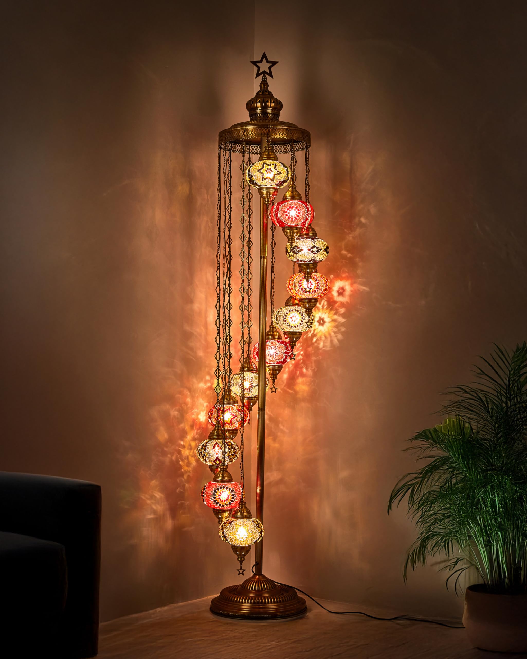 DEMMEX 11 Globe Turkish Floor Lamp - 7ft Tall Moroccan Mosaic Standing Lamp, Handmade Tiffany-Style Decorative Lighting for Bedroom & Living Room - Red-Brown Finish | Perfect for Boho Home Decor, Cozy Reading Nook & Ambient Living Space Lighting