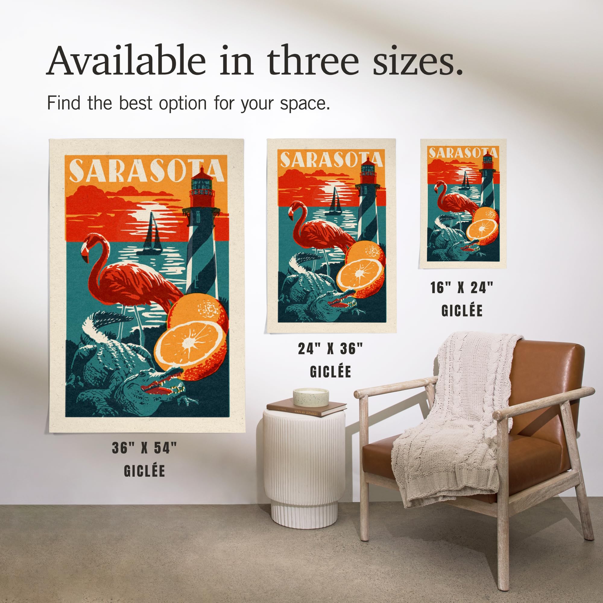 Lantern Press 24x36 Inch Giclee Art Print - Sarasota Florida Woodblock Wall Art Decor | Perfect for Living Room, Bedroom & Office Decoration