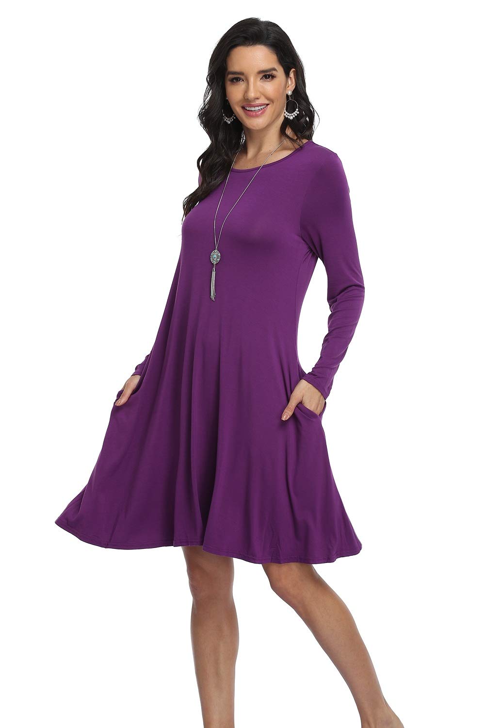 Vintage Women's Casual Long Sleeve T-Shirt Dress - Loose Swing Dress with Pockets | Comfortable & Stylish for Everyday Wear, Date Nights & Travel
