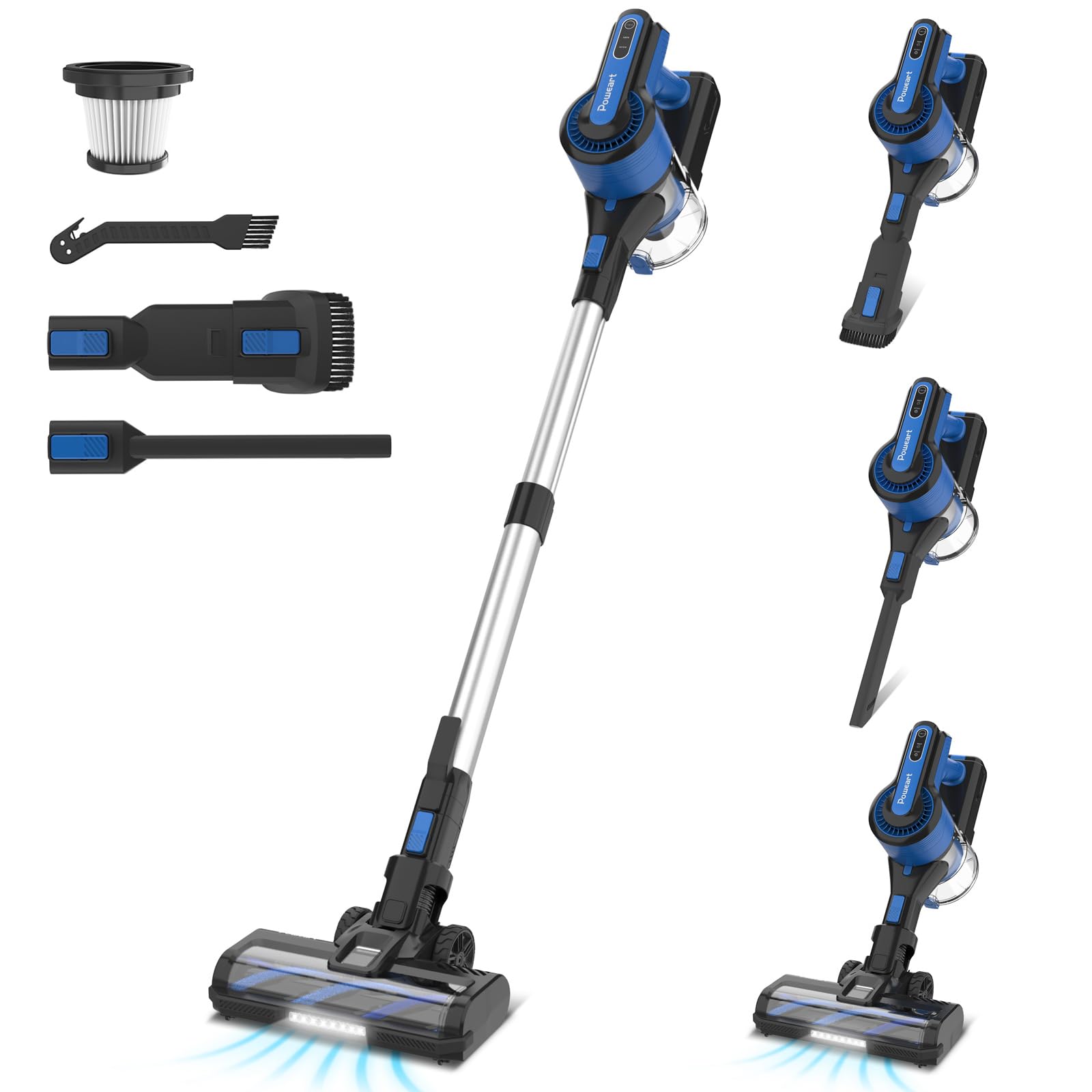 POWEART 26Kpa 350W Powerful Cordless Stick Vacuum Cleaner - 6-in-1 Lightweight Rechargeable Vacuum with Self-Standing Design & 45min Runtime - Ideal for Hard Floors, Carpets, Pet Hair, Stairs & Home Cleaning (Black)