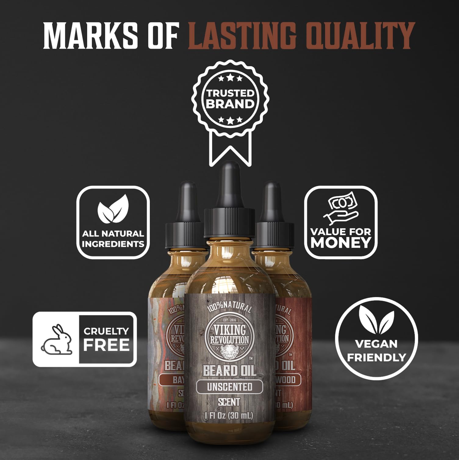 Viking Revolution Beard Oil for Men 3 Pack - Natural Sandalwood, Unscented & Bay Rum Beard Oil Set - Conditioning & Moisturizing Treatment for Healthy Facial Hair - Perfect for Daily Grooming, Beard Care Routine & Gift for Men (3 x 1oz)