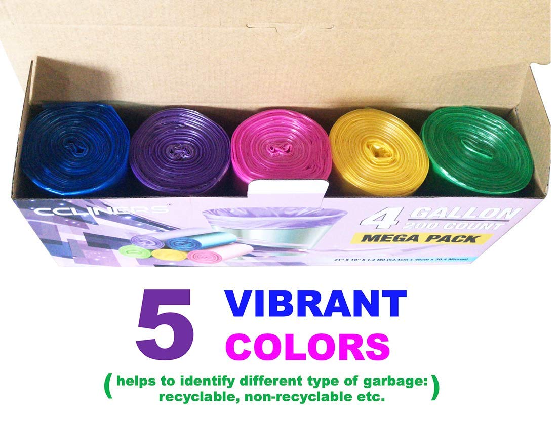4 Gallon Trash Bags - 200 Count Small Garbage Bags for Bathroom, Office, Kitchen & Home Use | 5 Color Can Liners | Perfect for Waste Bins, Diaper Pails & Small Trash Cans
