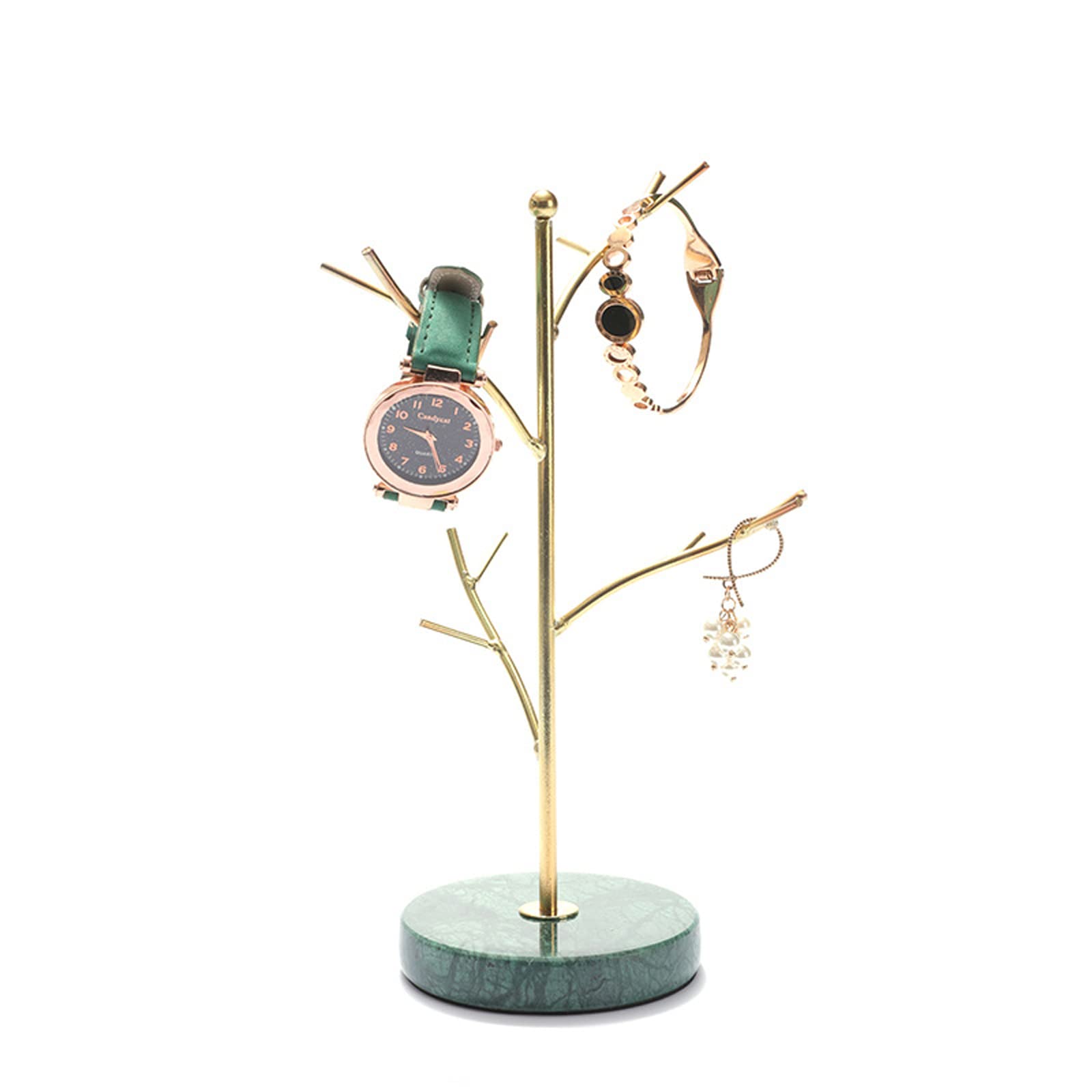 Marble Base Jewelry Display Tree Stand - T-Bar Metal Earring Holder & Necklace Rack - Tabletop Jewelry Organizer Tower for Rings, Necklaces, Bracelets & Watches - Perfect for Boutique Displays, Home Organization & Retail Store Showcases (Tree, Small)