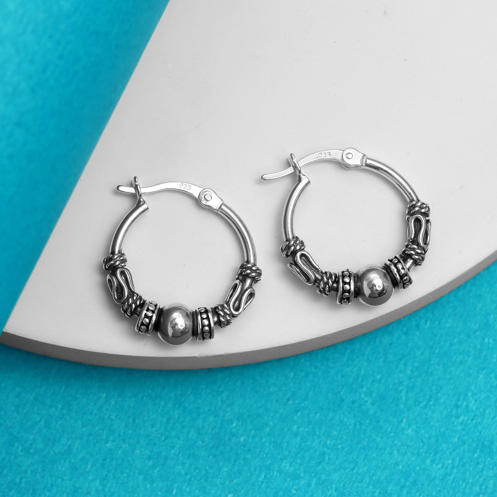 LeCalla 925 Sterling Silver Oxidized Balinese Hoop Earrings - Small Antique Bali Beaded Hoops for Women | Boho Chic Jewelry for Everyday Wear & Special Occasions