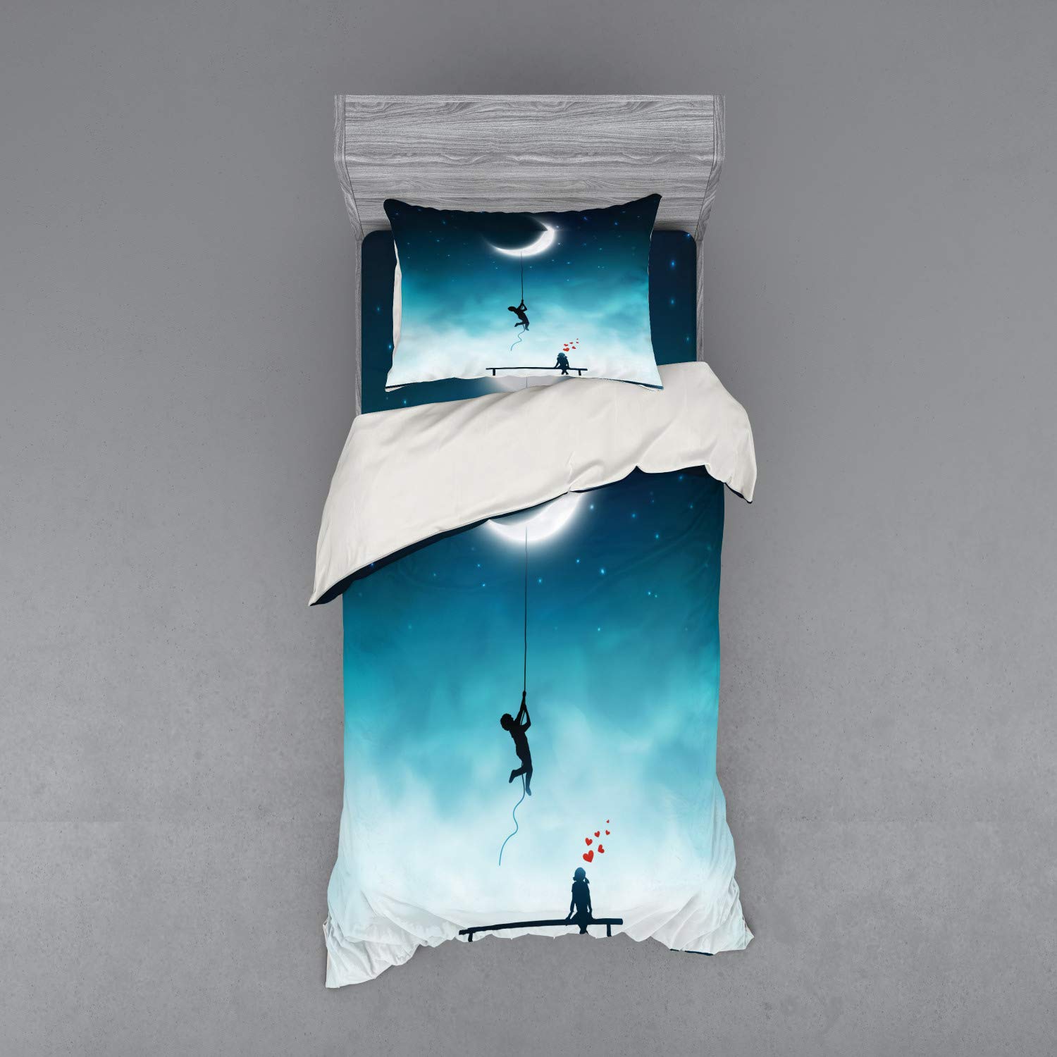 Ambesonne Fantasy Bedding Set - Twin Size 3-Piece Duvet Cover with Sham & Fitted Sheet, Teal & White | Boy Climbing Moon & Girl on Bench Romantic Art | Perfect for Teen Bedrooms, Dorm Decor & Gift Ideas