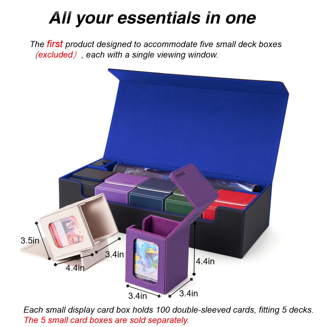 Premium Venssu MTG Deck Box - Holds 5 Display Card Decks with Playmat & Dice Storage | Includes 10 Colorful Dividers & Card Supporter | Magic The Gathering Card Organizer for Game Nights & Tournaments (Black & Blue)
