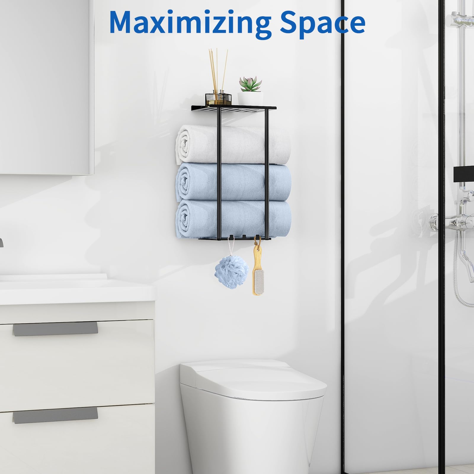 Sturdy Metal Wall Mounted Towel Rack for Bathroom - Rustproof Towel Holder with Hooks for Large & Rolled Towels | Space-Saving Bathroom Storage Solution (Black) - Perfect for Small Bathrooms, Spa-Like Showers & Organized Powder Rooms