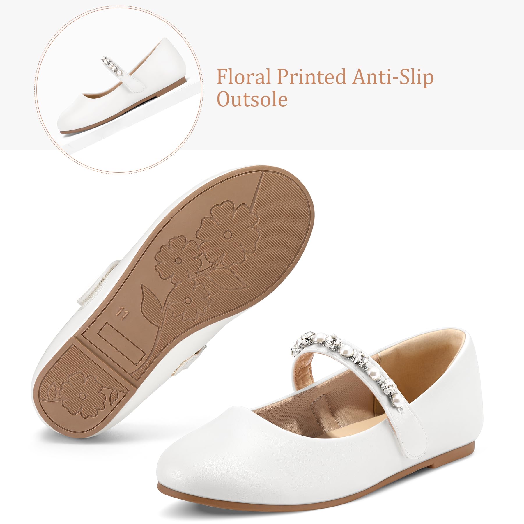 KomForme Girls Ballet Flats with Pearl Rhinestones - Mary Jane Slip-On Shoes for Toddler/Little Kid/Big Kid - Perfect for Party, School, Wedding & Dress Occasions