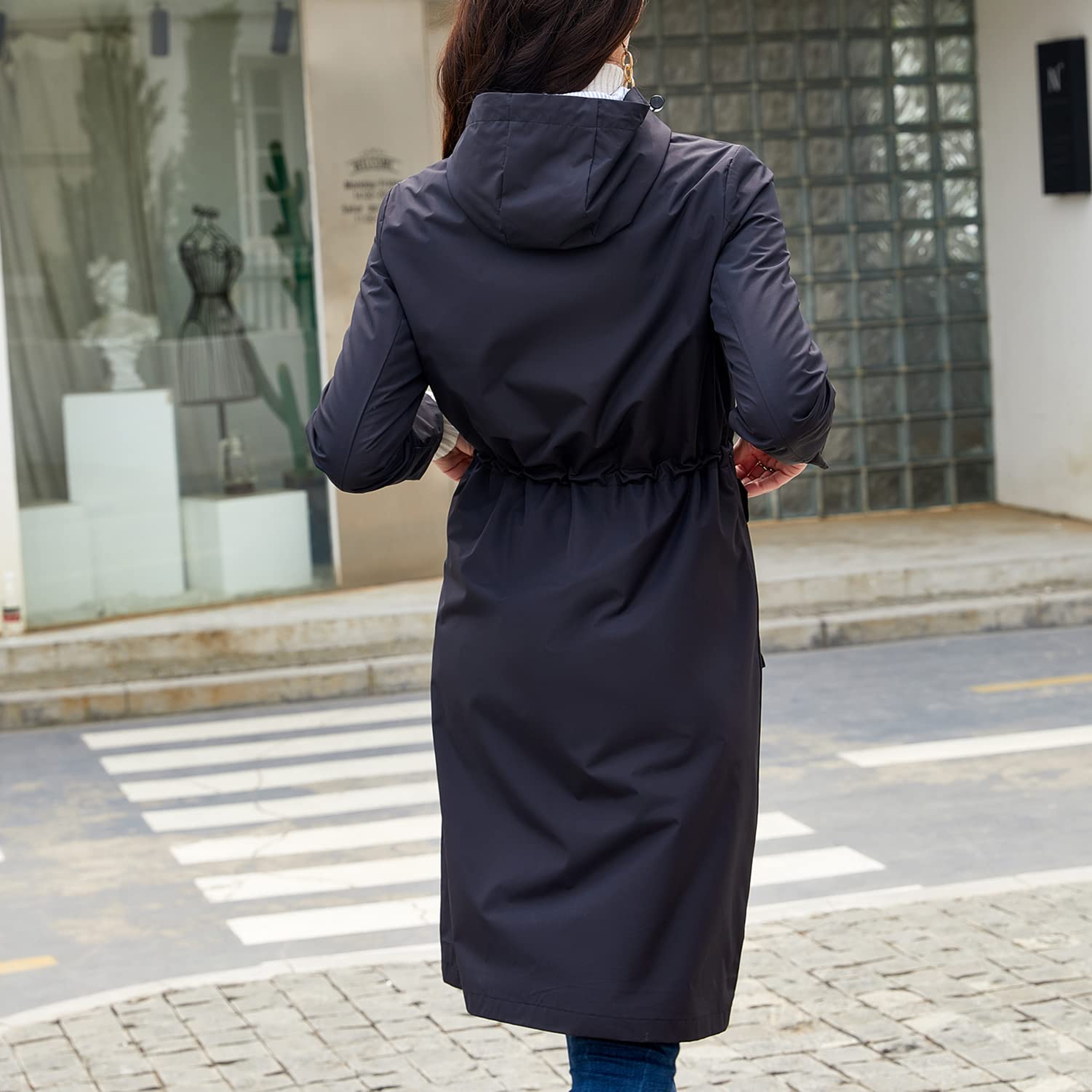 Women's Waterproof Hooded Rain Jacket - Long Windproof Midi Raincoat with Full Zip & Pockets for Outdoor Hiking, Commuting & Travel