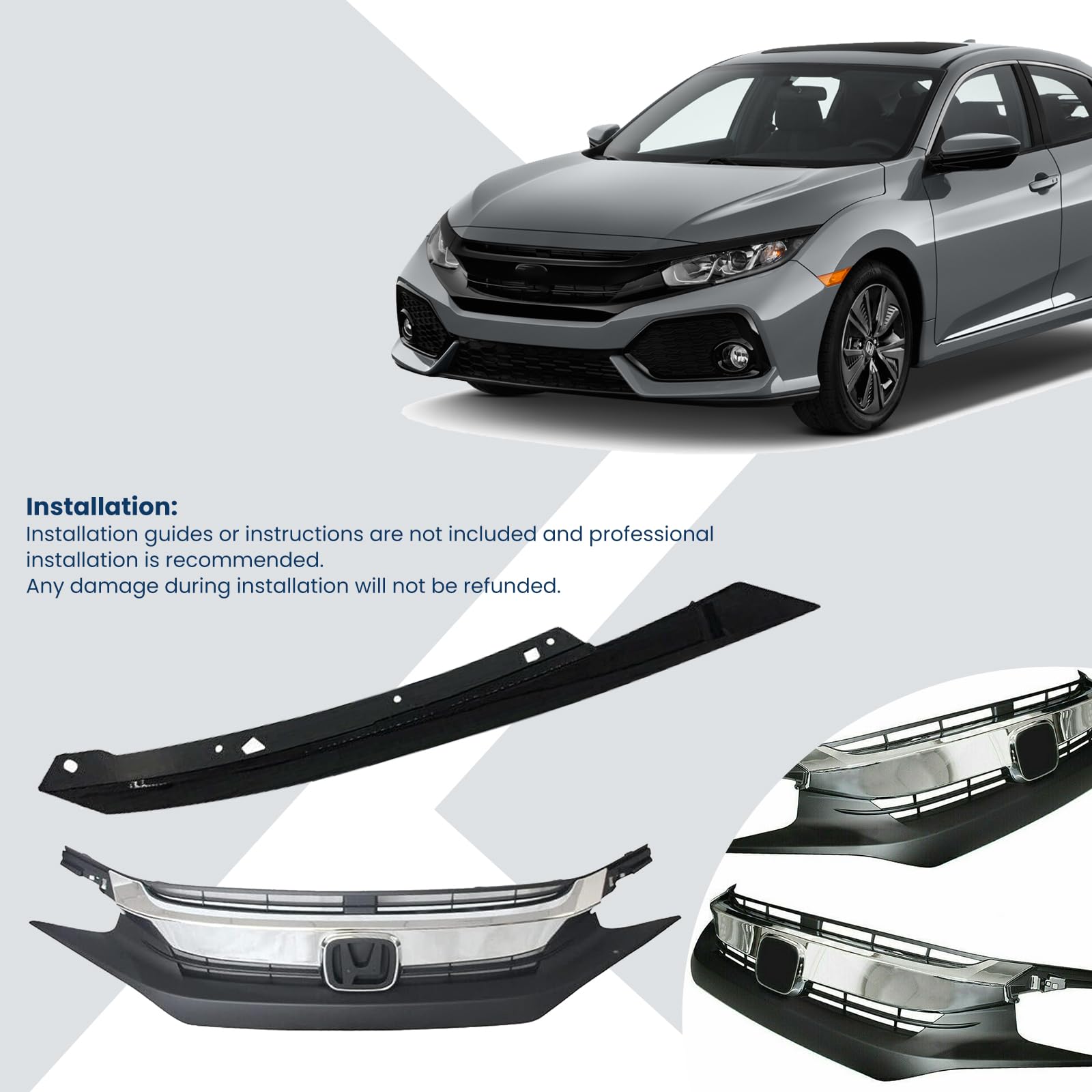 2016-2018 Honda Civic Sedan/Coupe Front Bumper Upper Grille with Black Headlight Eyelids - Glossy Black Bumper Grill & Eyebrow (3-Piece Set) for Enhanced Style & Protection - Perfect for Car Customization & Street Racing Looks