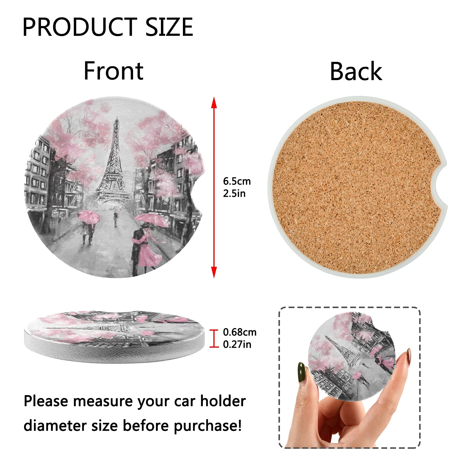 2 Pack Eiffel Tower Paris France Car Coasters - Absorbent Ceramic Cup Holder Coasters for Drinks, Car Accessories for Men & Women (2.56in) - Perfect for Road Trips & Daily Commutes