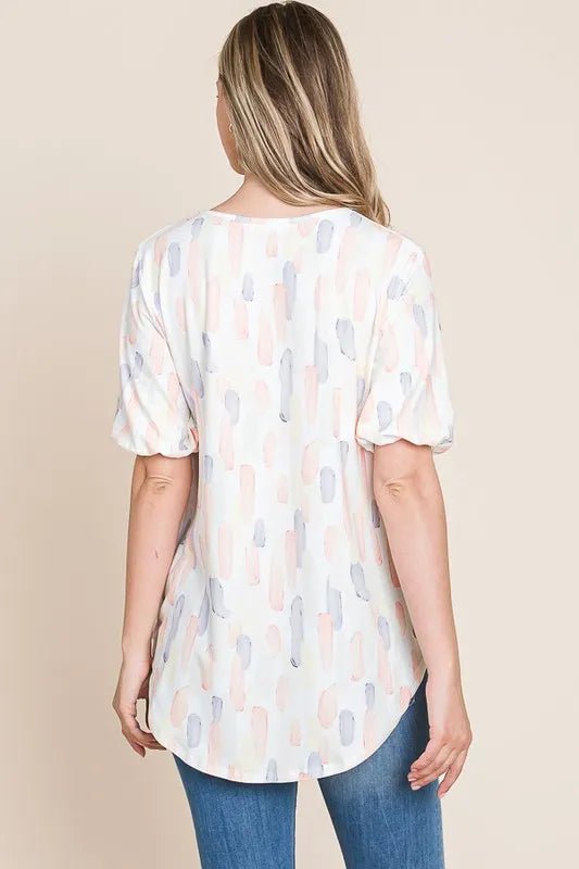 BOMBOM Women's Round Neck Puff Short Sleeve Blouse - Flowy Summer Top for Casual Wear, Office & Date Night