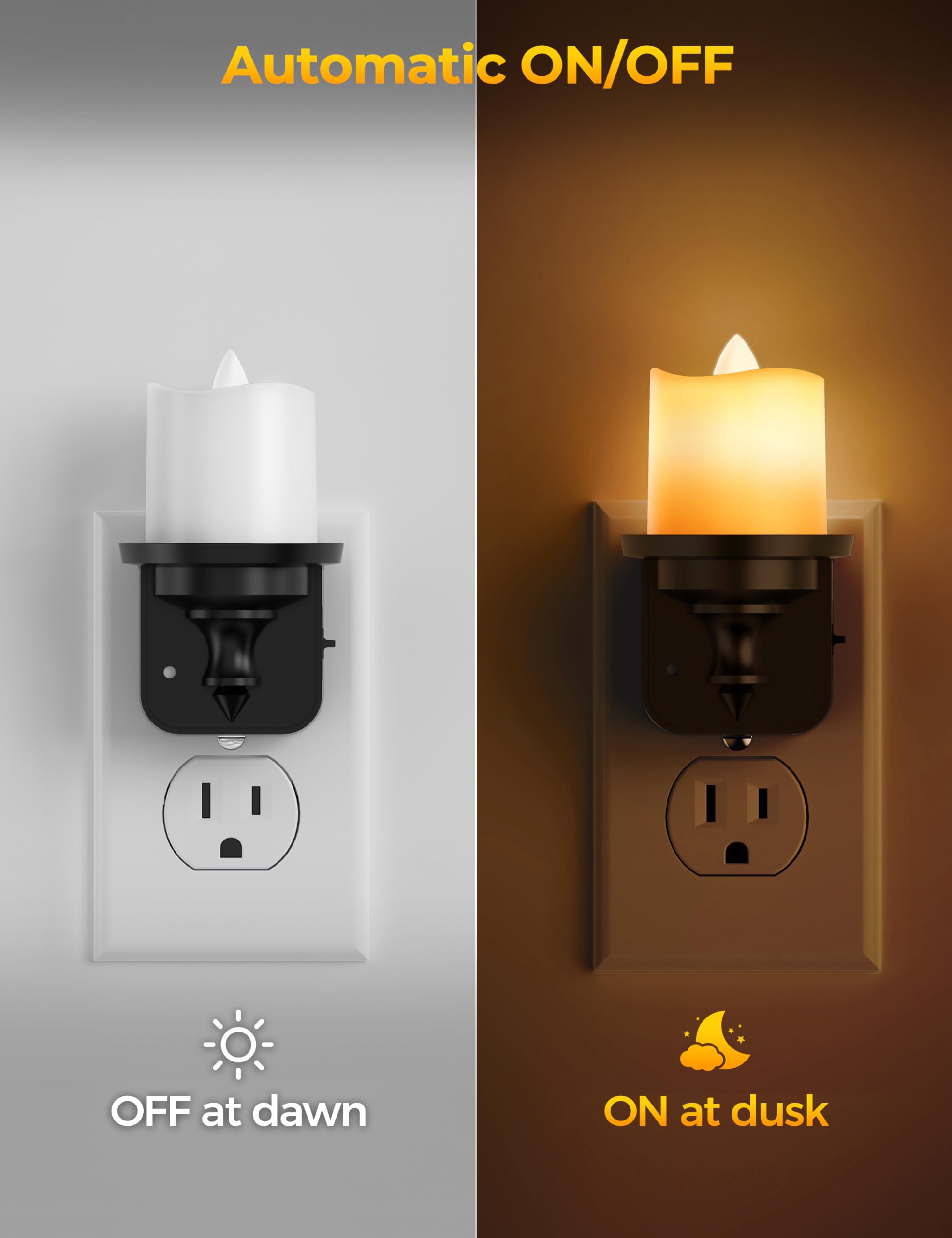 Dimmable LED Flameless Candle Night Light Plug-in with Light Sensor (2 Pack) - 0-100LM Amber Nightlight for Kids, Hallway, Bathroom - Perfect for Bedrooms, Nurseries & Home Decor