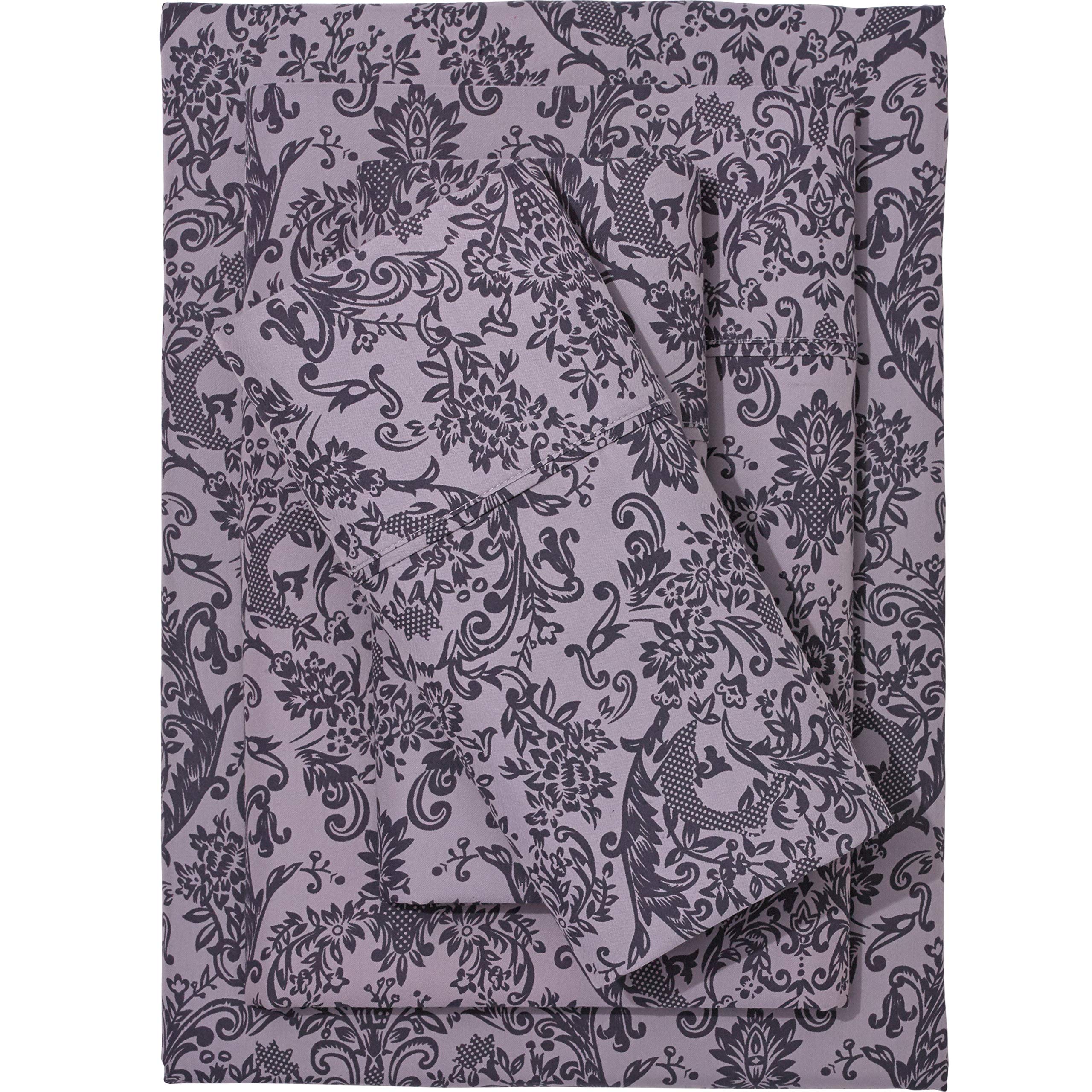 BrylaneHome Printed Damask 6-Piece Queen Sheet Set - Dusty Lilac Floral Bedding for Comfortable Sleep & Luxury Bedroom Decor