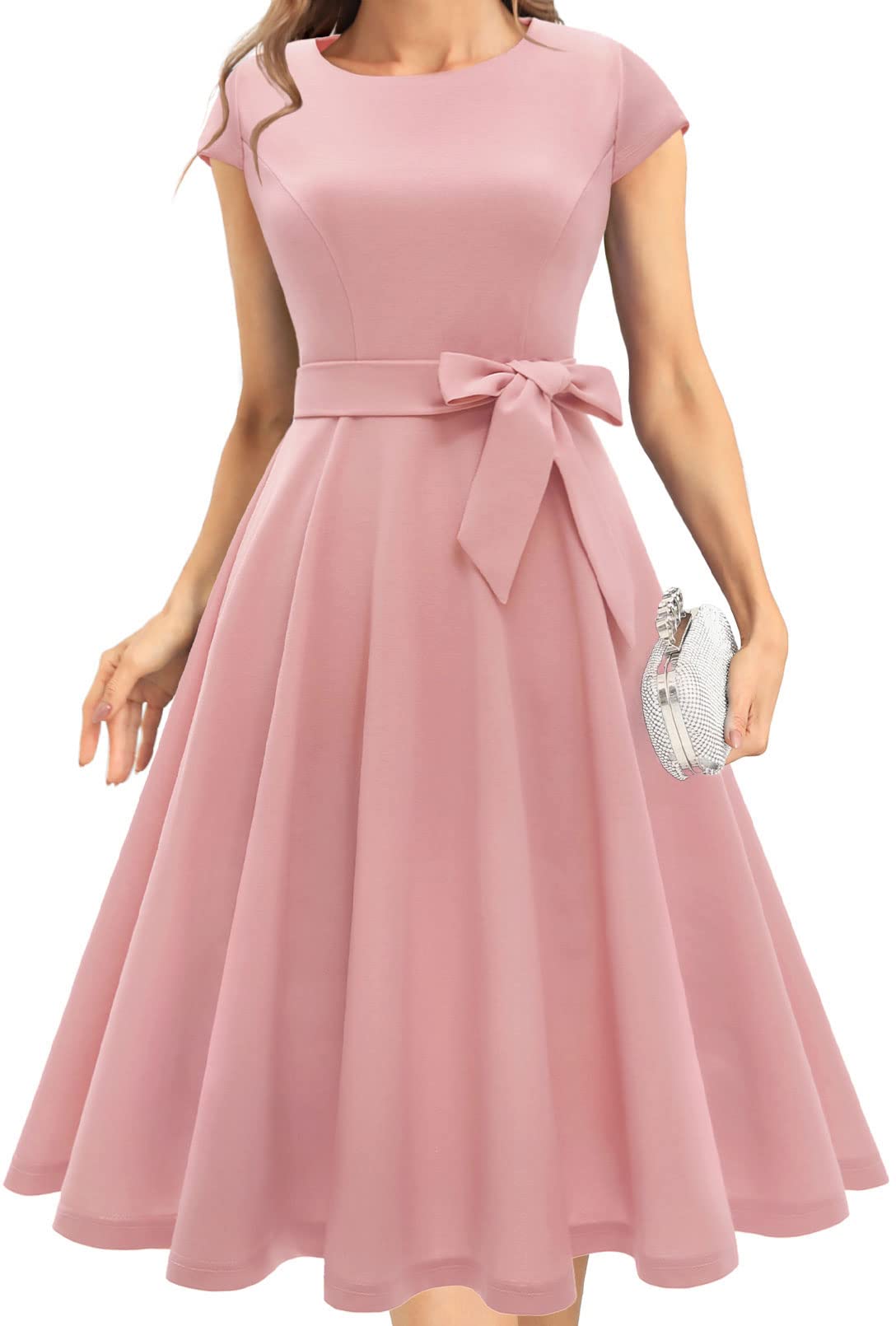 Elegant Vintage A-Line Swing Cocktail Dresses for Women 2022 - Round Neck Wedding Guest Fall Dress for Casual Tea Party, Date Night & Special Occasions