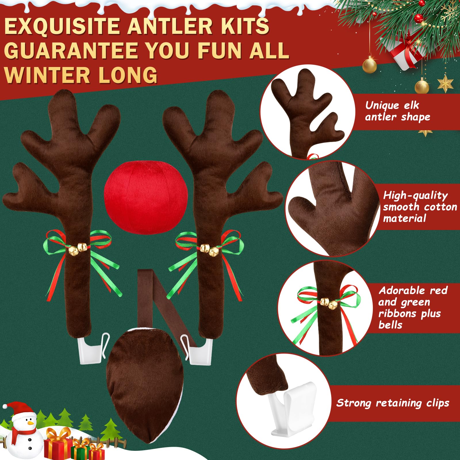 16.7 Inch Dark Brown Christmas Reindeer Car Decor Kit with 4 Adorable Santa Hats - Universal Fit for Most Vehicles, Perfect for Holiday Road Trips and Festive Car Decorations