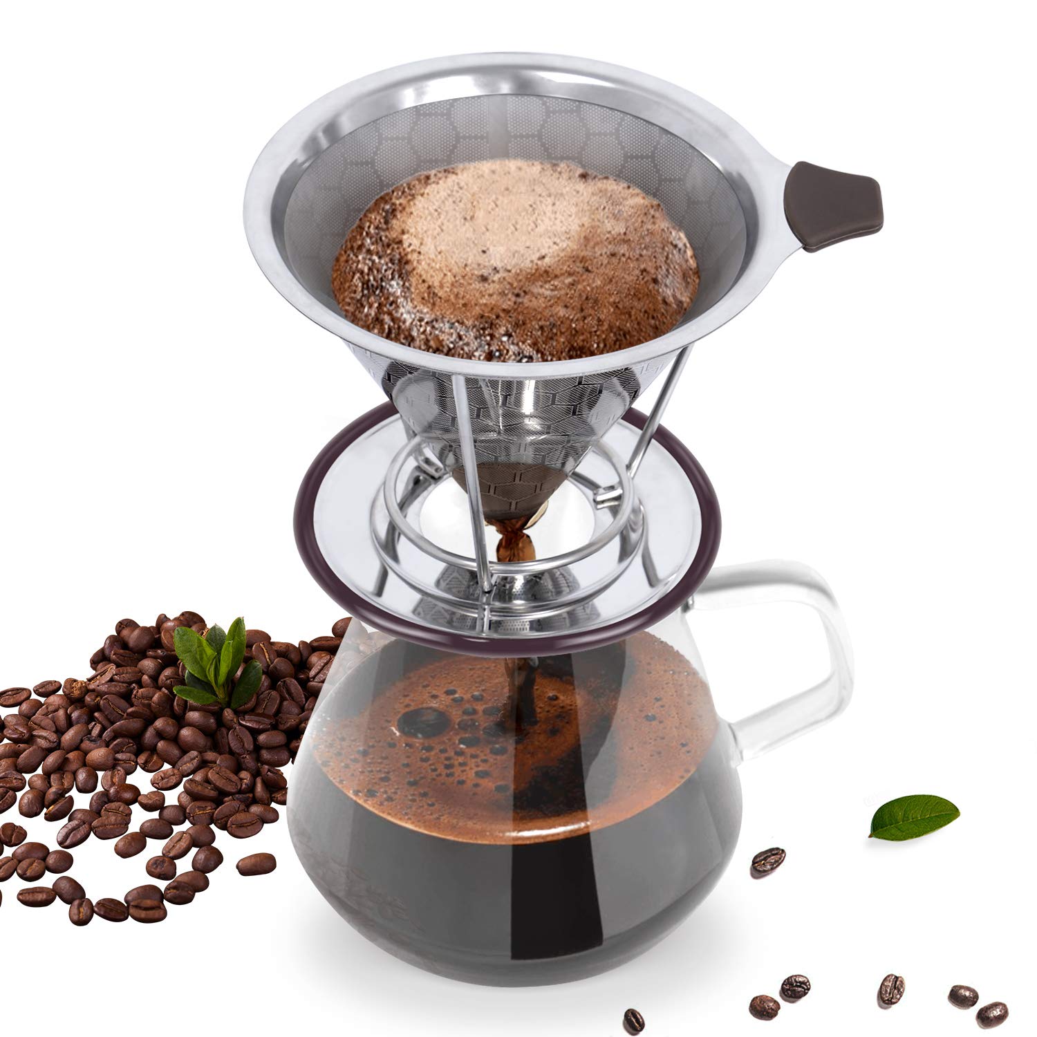 Premium Pour Over Coffee Maker Kit - Stainless Steel Reusable Filter, 600ml Borosilicate Glass Carafe with Silicone Handle | Perfect for Home Brewing, Office Use & Camping Coffee Lovers