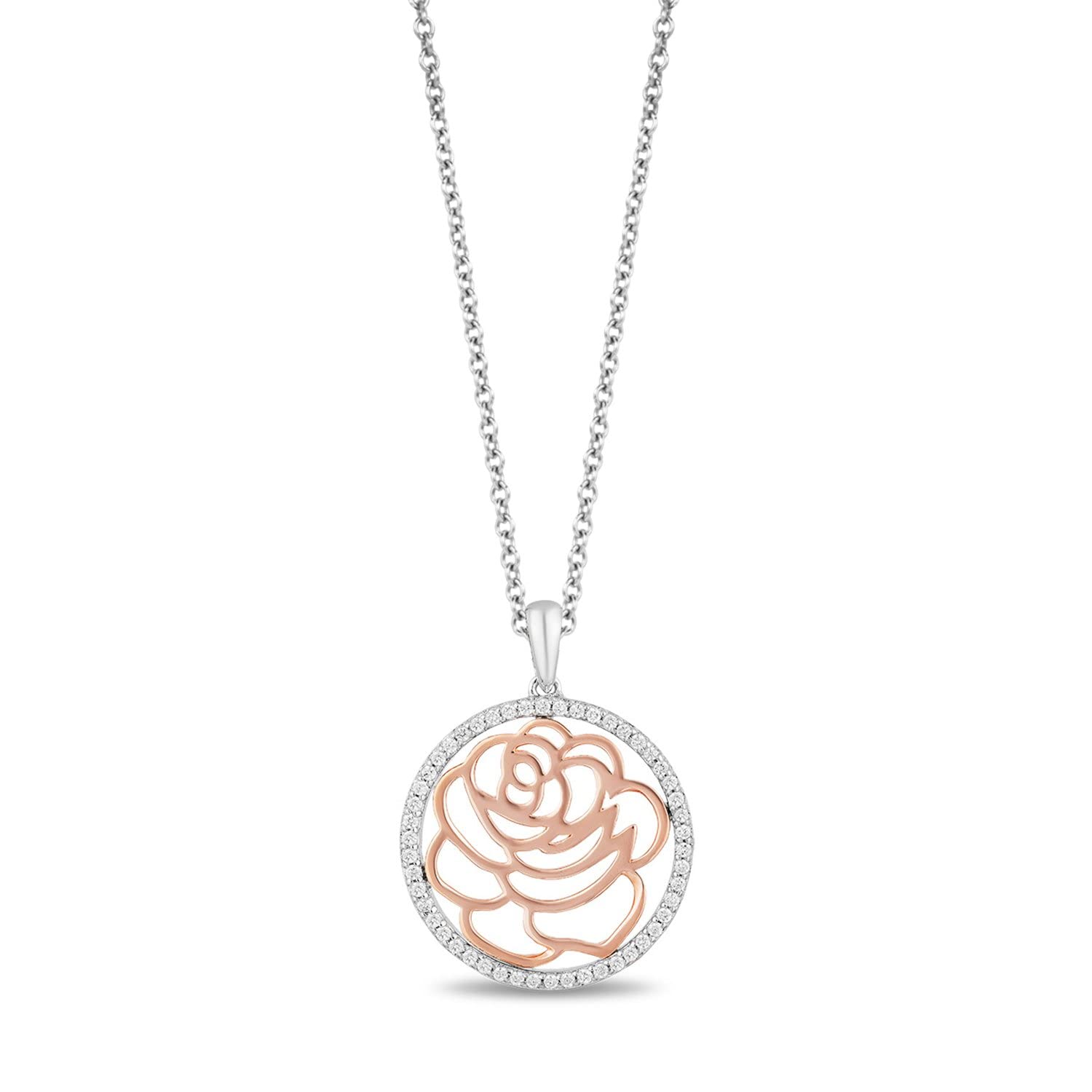 Enchanted Disney Belle Rose Pendant Necklace - 14K Rose Gold Over Sterling Silver with 1/5 Cttw Natural White Round Diamonds | Fine Jewelry Gift for Women, Disney Fans & Princess Lovers | Perfect for Birthdays, Anniversaries & Special Occasions