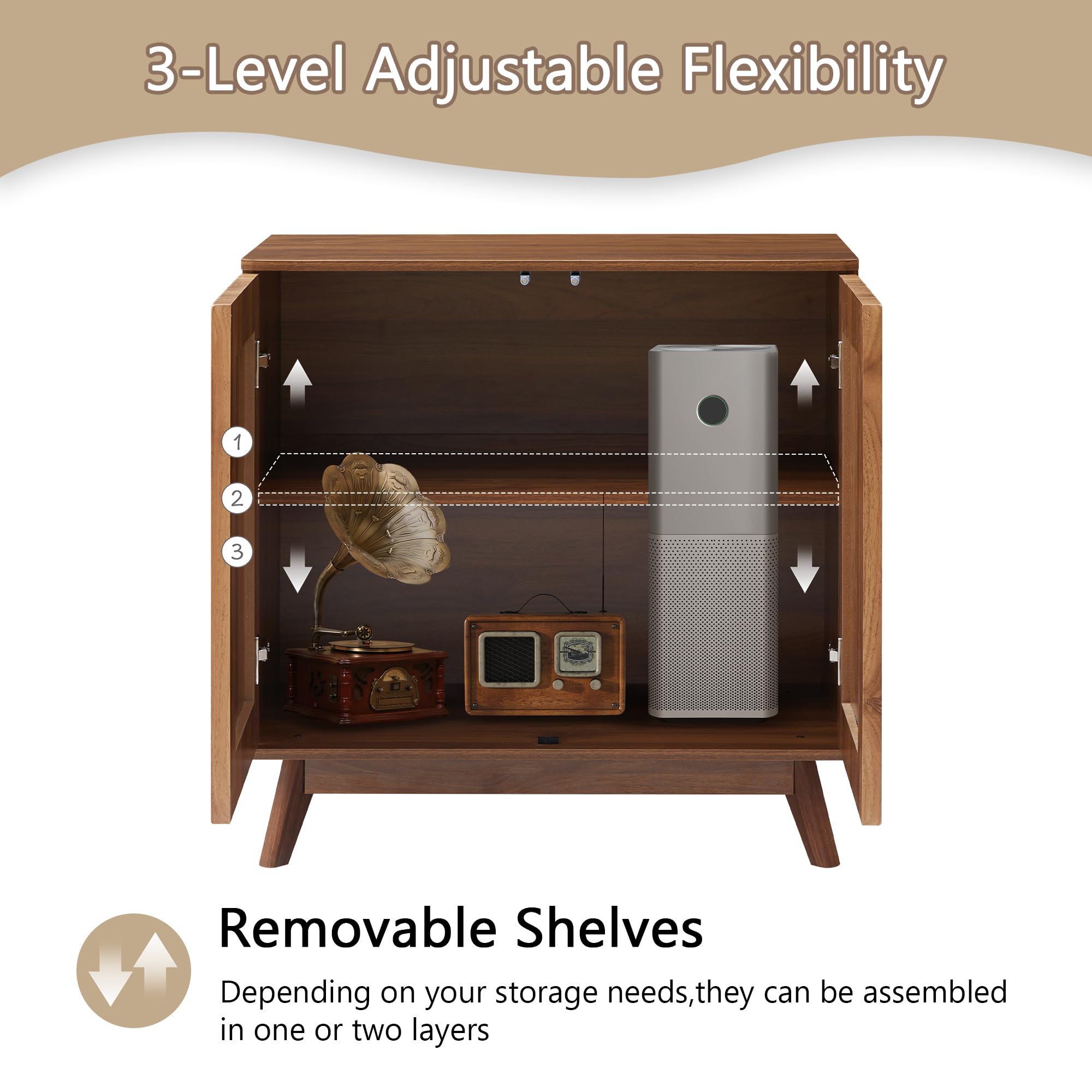 Mid Century Walnut Sideboard Cabinet - Farmhouse Fluted Credenza with 2 Doors for Kitchen, Dining Room, Office & Living Room Storage | Perfect for TV Stand, Coffee Buffet & Entryway Organizer