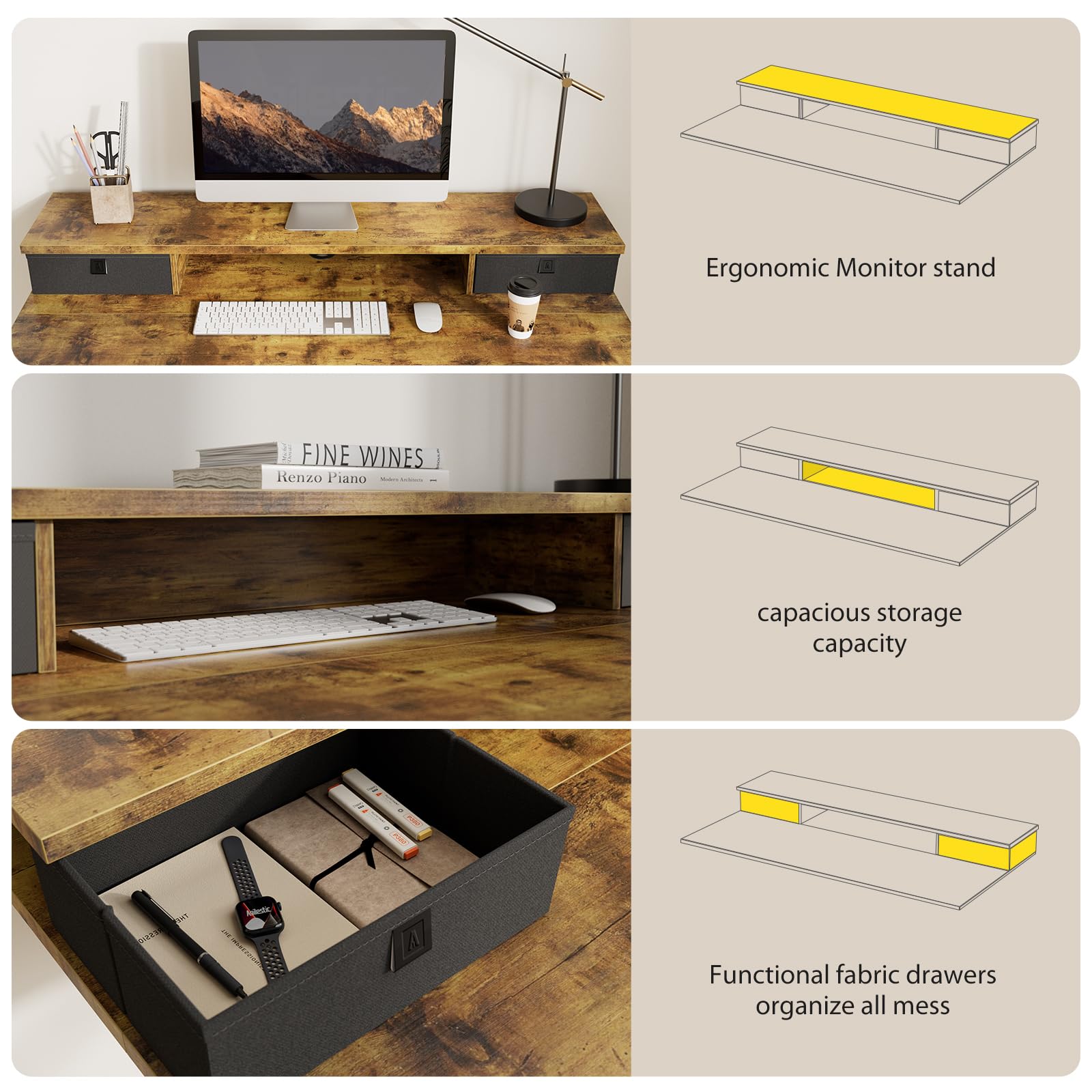 Agilestic 63 x 24 Inches Electric Standing Desk - Height Adjustable with 2 Drawers & Splice Board, Rustic Brown - Perfect for Home Office, Gaming Setup and Workspace Ergonomics