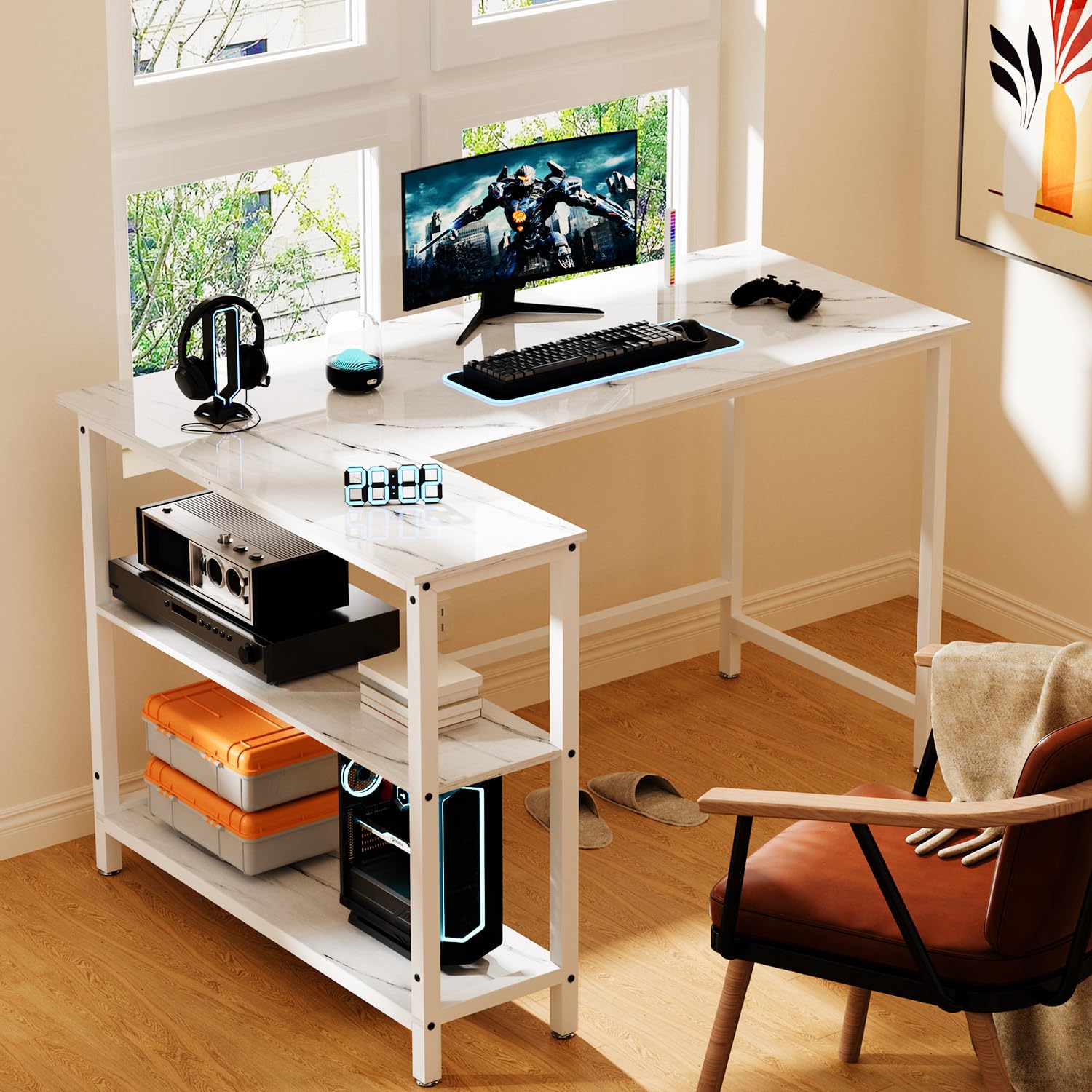 WOODYNLUX 50 Inch Computer Desk with Shelves - Sturdy Gaming & Writing Desk, Study PC Table Workstation with Storage | Home Office, Living Room, Bedroom | White Metal Frame | Perfect for Remote Work, Online Classes & Gaming Setup