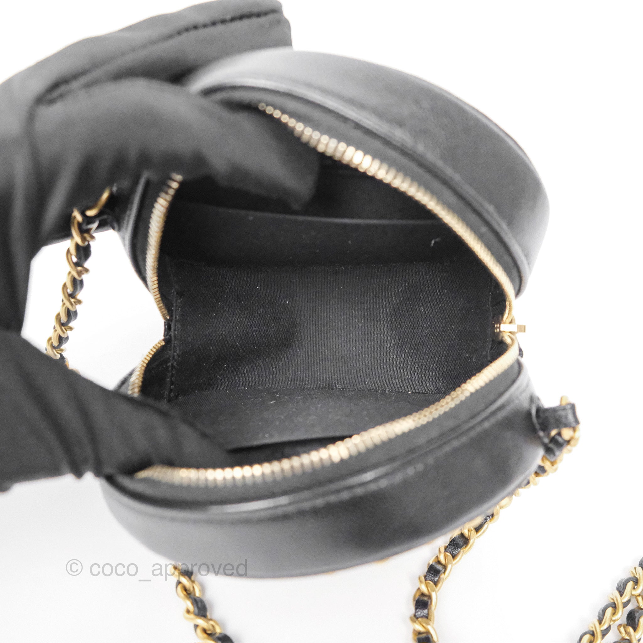 Chanel Black Lambskin Chained Round Filigree Clutch with Gold Hardware - Elegant Evening Bag for Parties, Weddings & Special Occasions