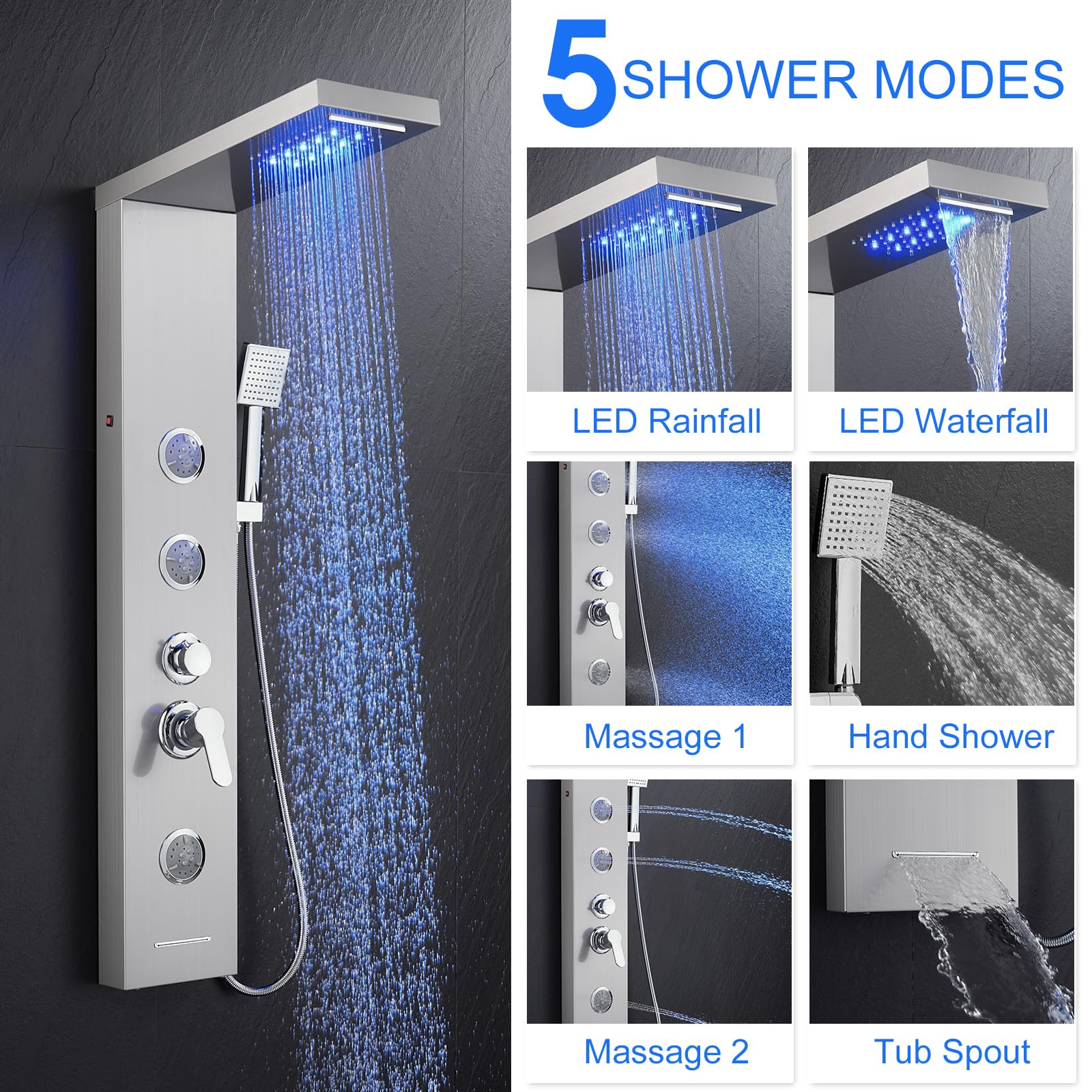 5 in 1 Shower Panel Tower System with LED Lights - Rainfall & Waterfall Shower Head, 3 Adjustable Body Jets, Handheld Shower & Tub Spout (Brushed Nickel) - Luxury Bathroom Upgrade for Spa-Like Experience at Home