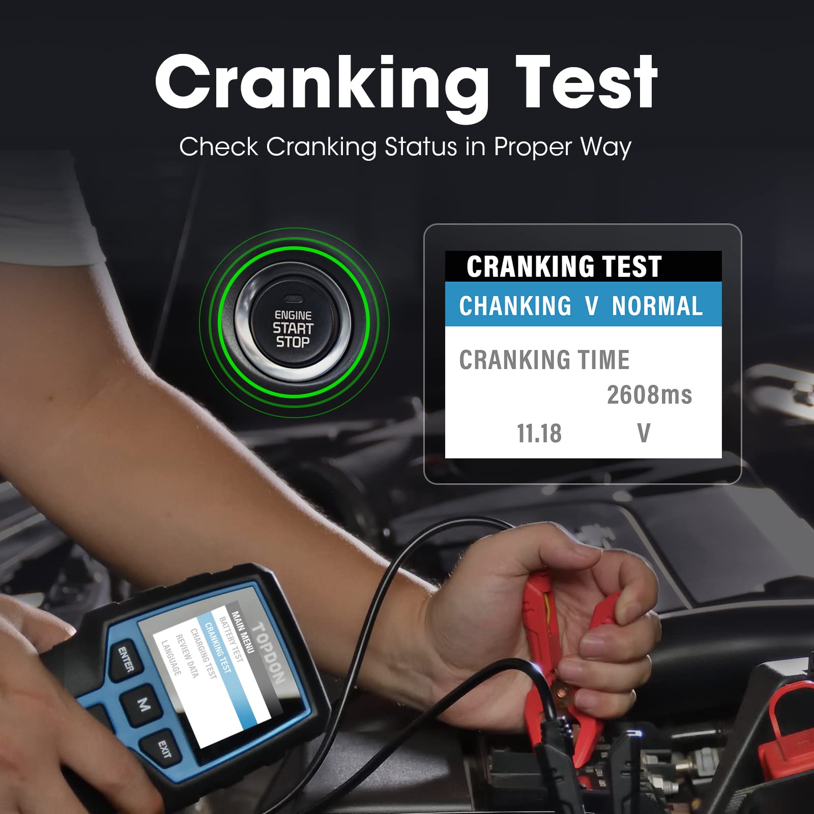 TOPDON BT200 12V/24V Car Battery Tester - 100-2000CCA Automotive Battery Analyzer with Cranking & Charging Tests for Cars, Motorcycles, Boats, SUVs, Trucks | Professional & DIY Use | Perfect for Garage, Roadside Assistance & Vehicle Maintenance