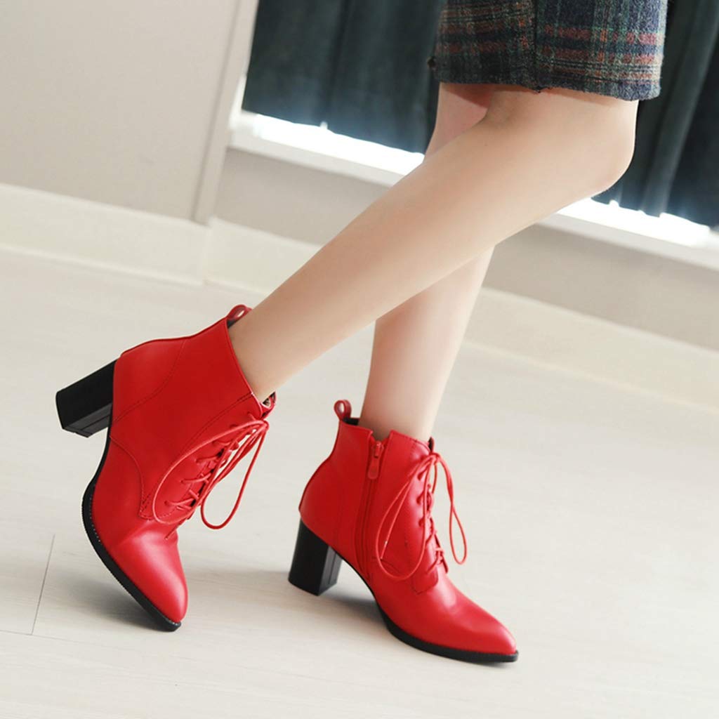 MIOKE Women's Pointed Toe Ankle Boots - Chunky Block Heel Western Chelsea Booties, Lace Up Dressy Short Boots for Casual Outfits & Office Wear
