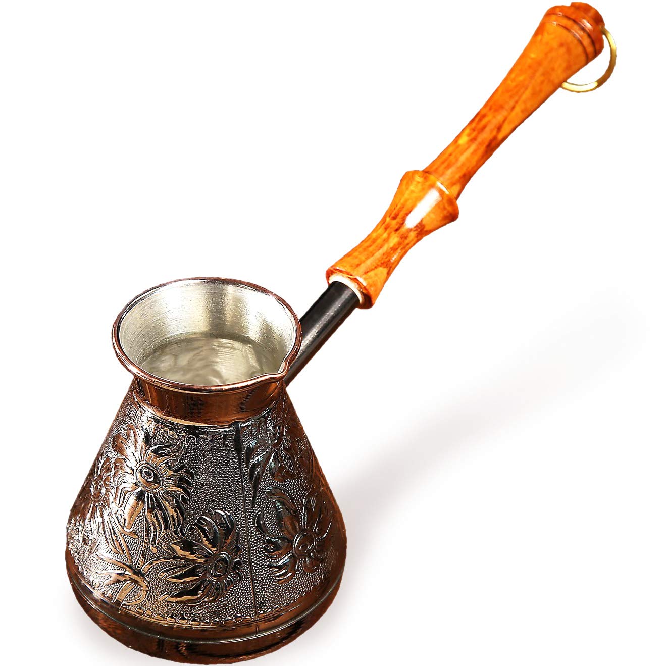 14 Oz Copper Turkish Greek Arabic Engraved Coffee Pot - Stovetop Cezve Ibrik Briki with Wooden Handle - Perfect for Traditional Coffee Brewing at Home or Cafe