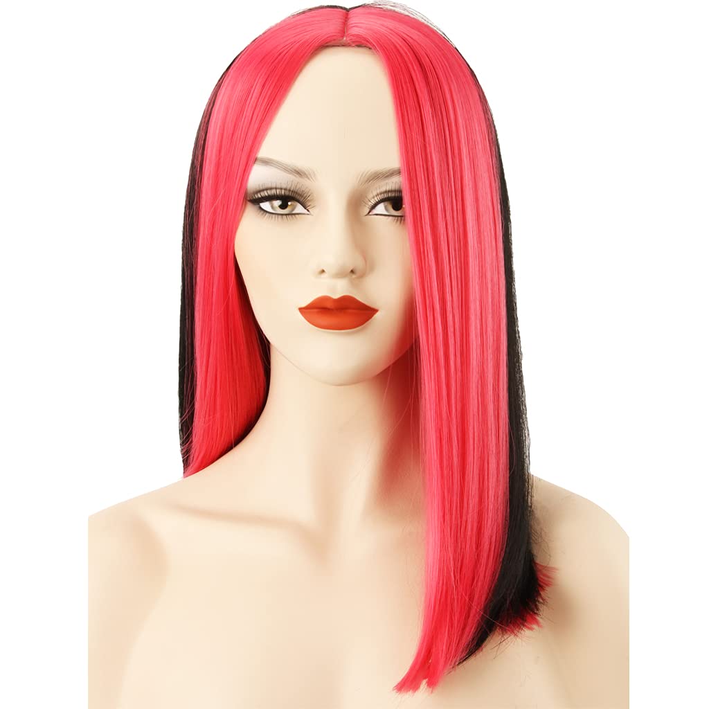 HH Building Strips Highlight Straight Shoulder Length Party Wig - Black & Rose Red Synthetic Hair for Cosplay, Halloween & Costume Parties
