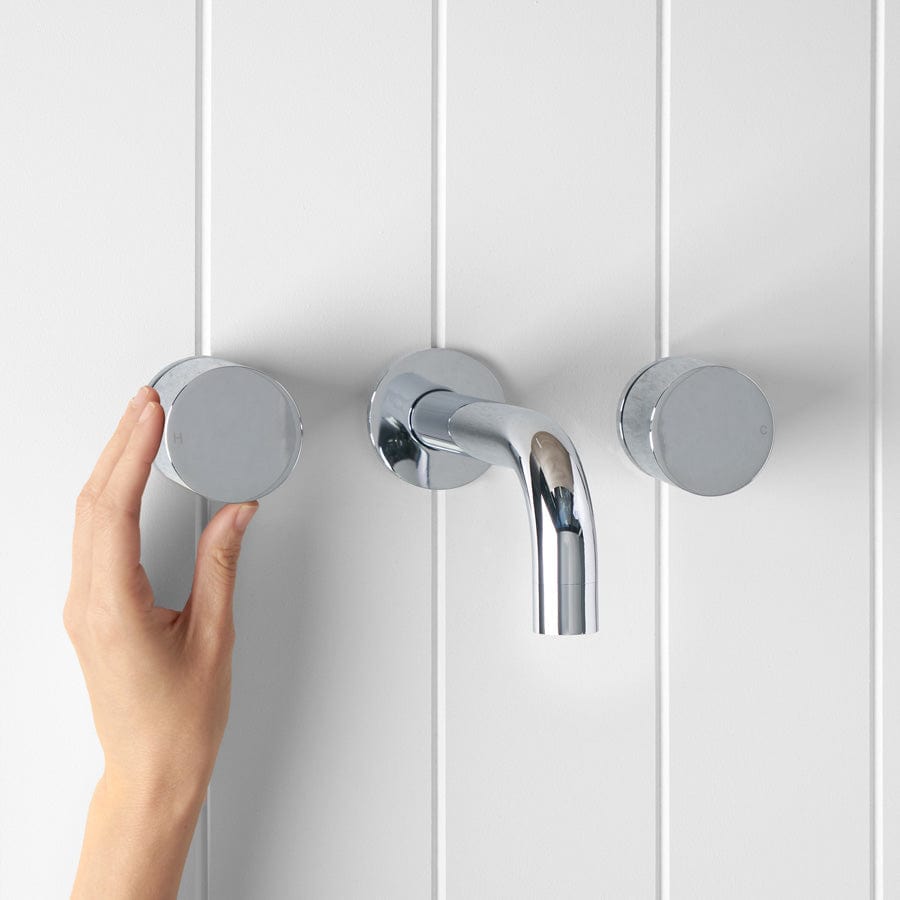 Chrome Wall Spout with Round Wall Taps - Modern Bathroom Faucet for Sink, Vanity, and Powder Room Installation