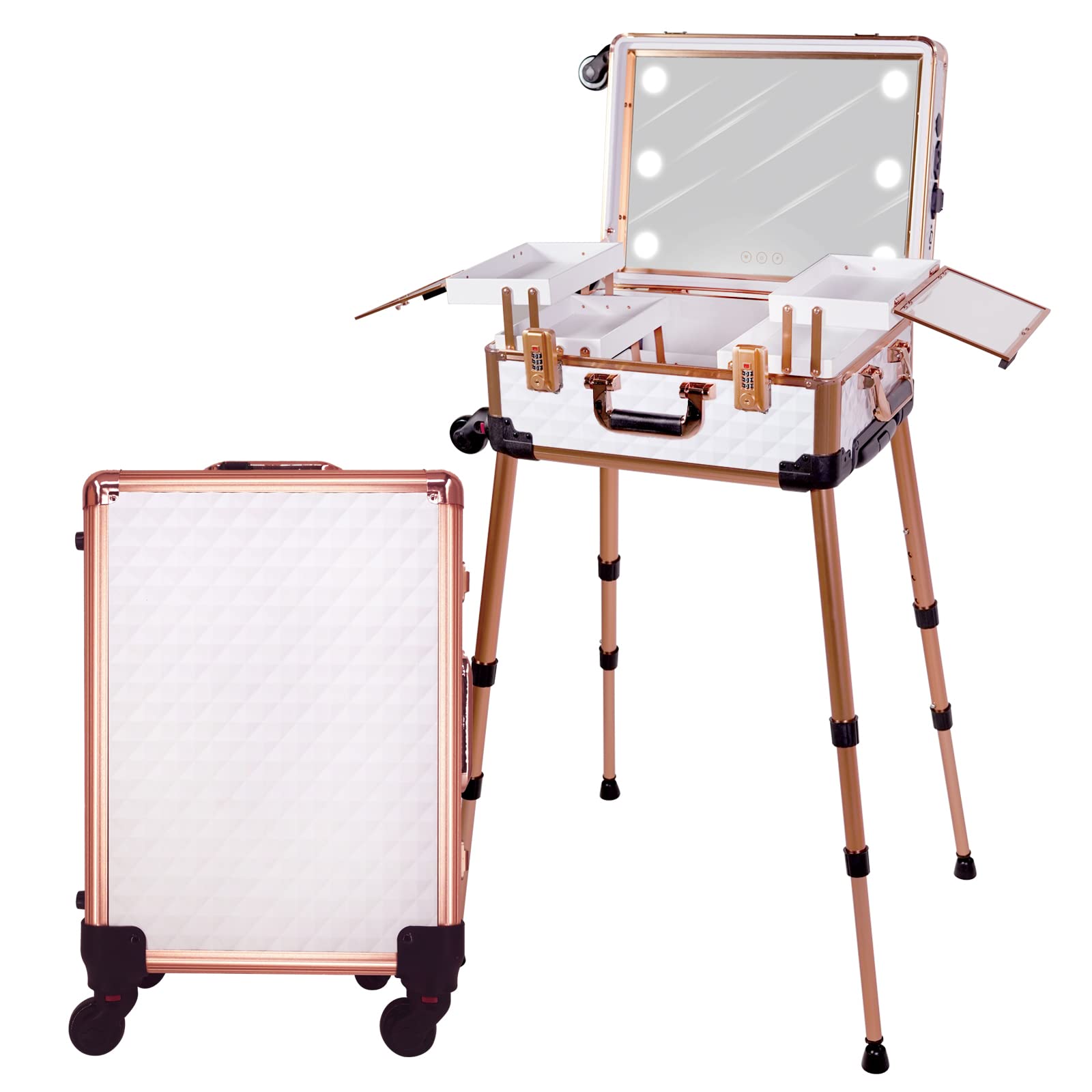 Professional Medium Makeup Train Case with Code Lock - Lighted Mirror & Bluetooth Speaker - Travel Cosmetic Organizer Box for Artists & Stylists - Perfect for Salon, Studio & On-the-Go Makeup Application - White