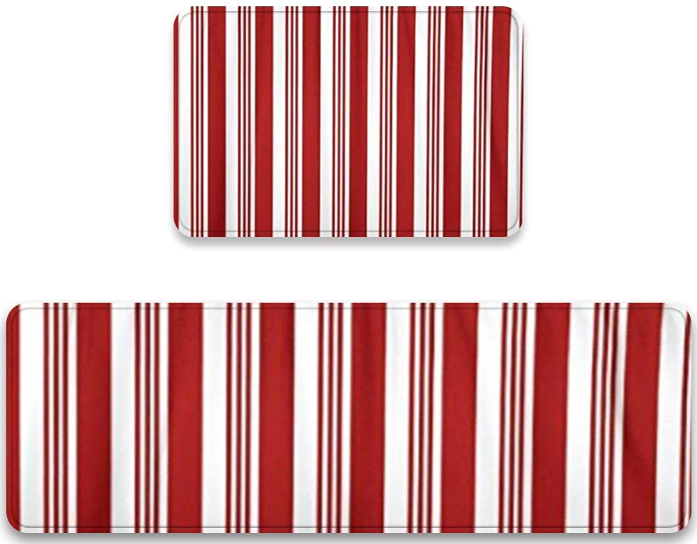 2-Piece Christmas Kitchen Rugs and Mats Set - Abstract Red & White Striped Candy Cane Pattern, Cushioned Anti-Fatigue, Waterproof Non-Slip Standing Runner - Perfect for Holiday Decor, Cooking Comfort & Kitchen Floor Protection