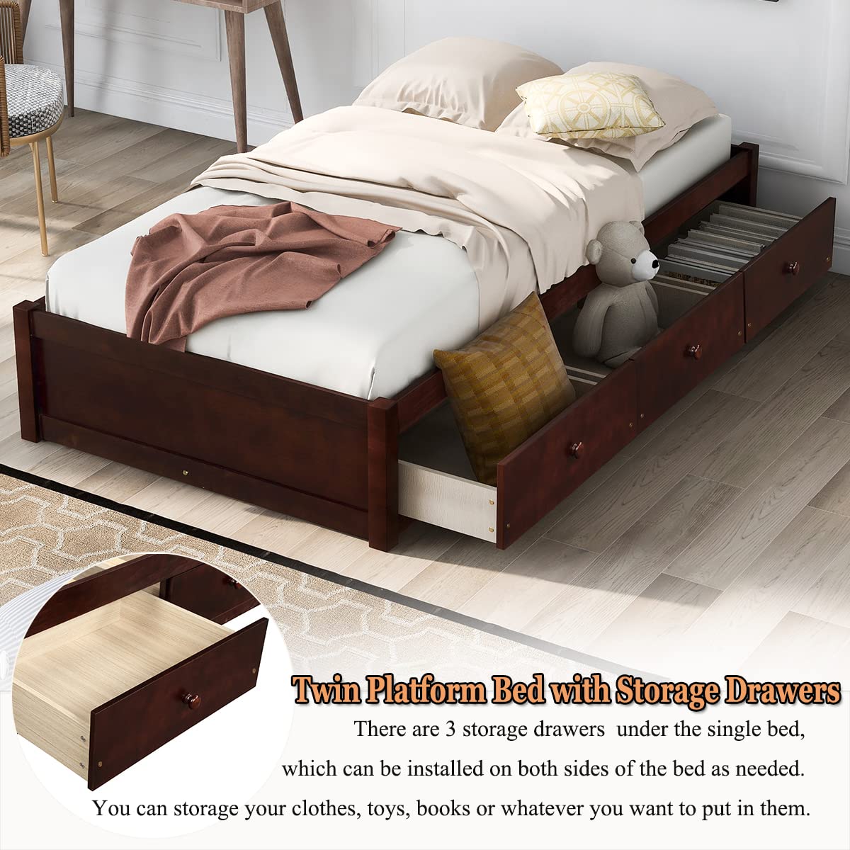 MERITLINE Twin Storage Bed with 3 Drawers - Wood Platform Bed Frame with Storage, No Box Spring Needed, Cherry Finish - Perfect for Small Bedrooms, Kids Rooms & Space-Saving Solutions