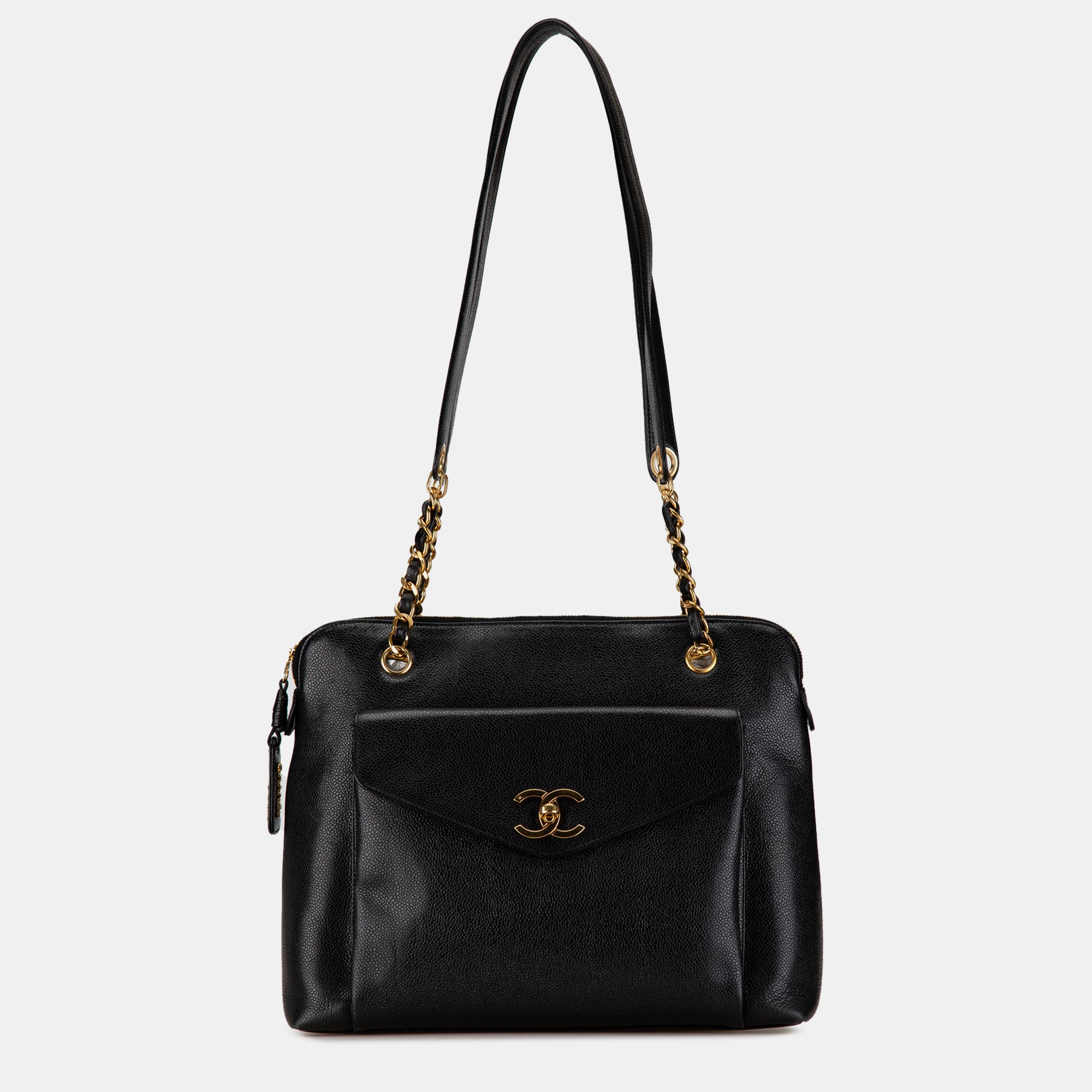 Black Caviar Leather Front Pocket Chain Tote Bag for Women - Stylish Designer Handbag with Adjustable Strap for Work, Travel & Everyday Use