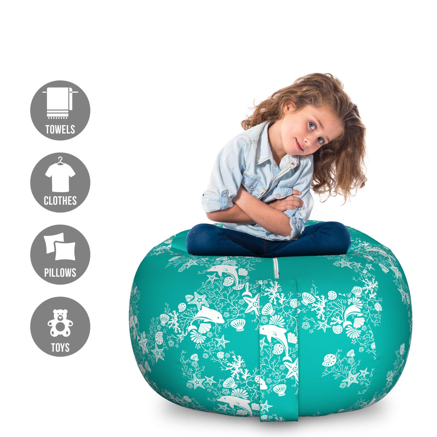 Ambesonne Large Washable Toy Storage Bag Chair - Dolphin, Starfish & Seashell Floral Pattern Organizer for Stuffed Animals, Turquoise & White | Perfect for Kids' Room, Playroom & Nursery Organization
