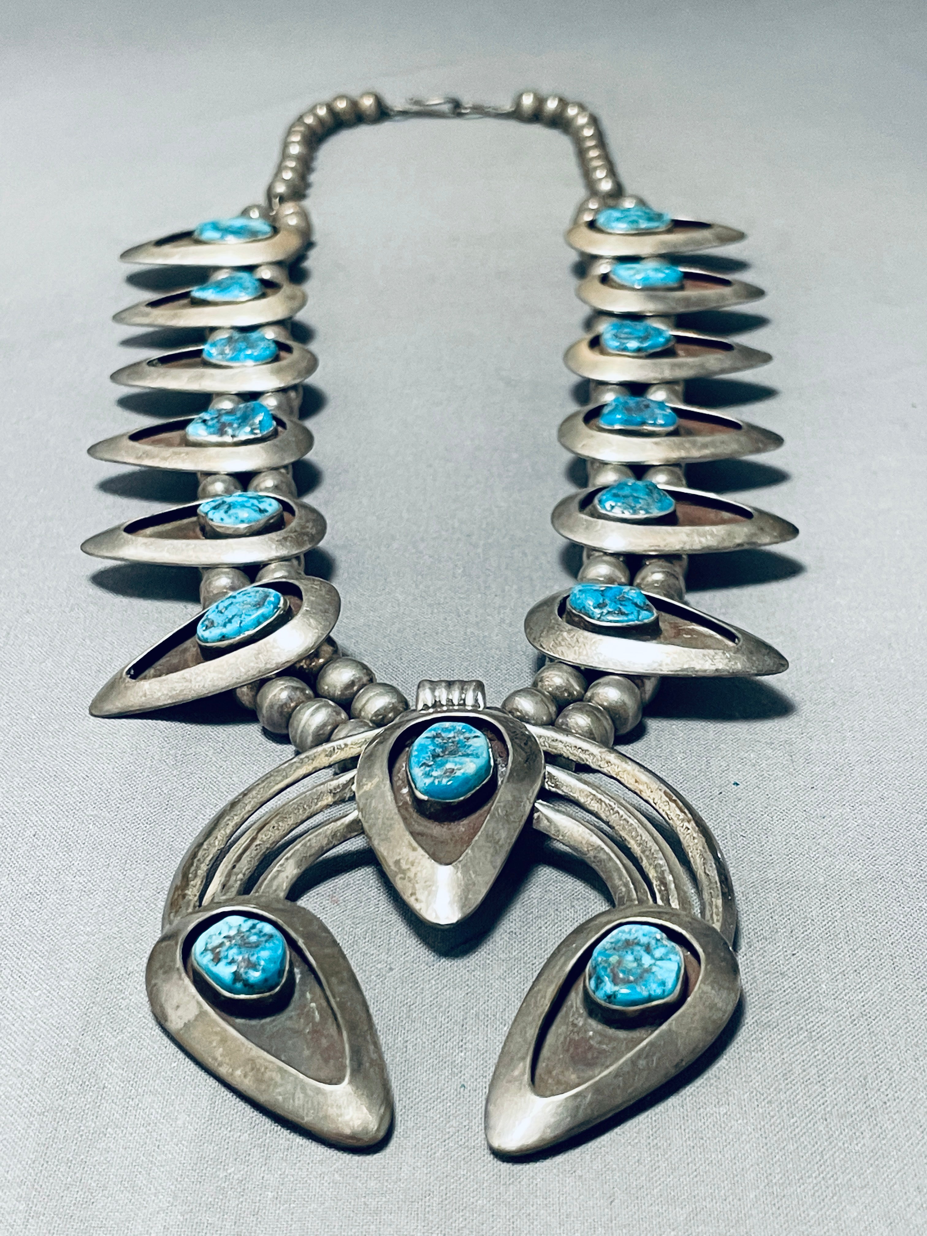 200 Gram Vintage Native American Navajo Turquoise Sterling Silver Squash Blossom Necklace - Handmade Jewelry for Women, Perfect for Boho Fashion, Weddings & Special Occasions
