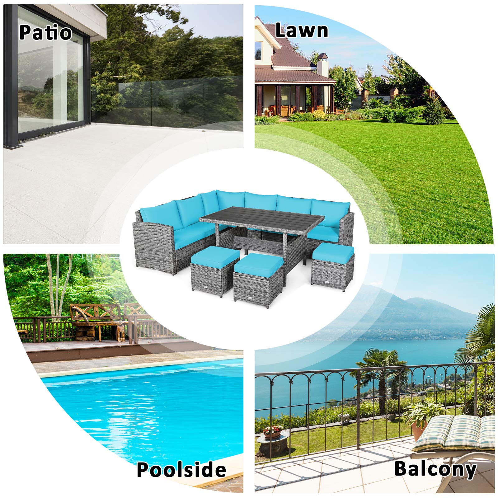 Tangkula 7-Piece Outdoor Patio Furniture Set - All-Weather Wicker Sectional Sofa with Cushions, Dining Table & Ottomans - Turquoise - Perfect for Backyard, Garden, Poolside & Patio Relaxation