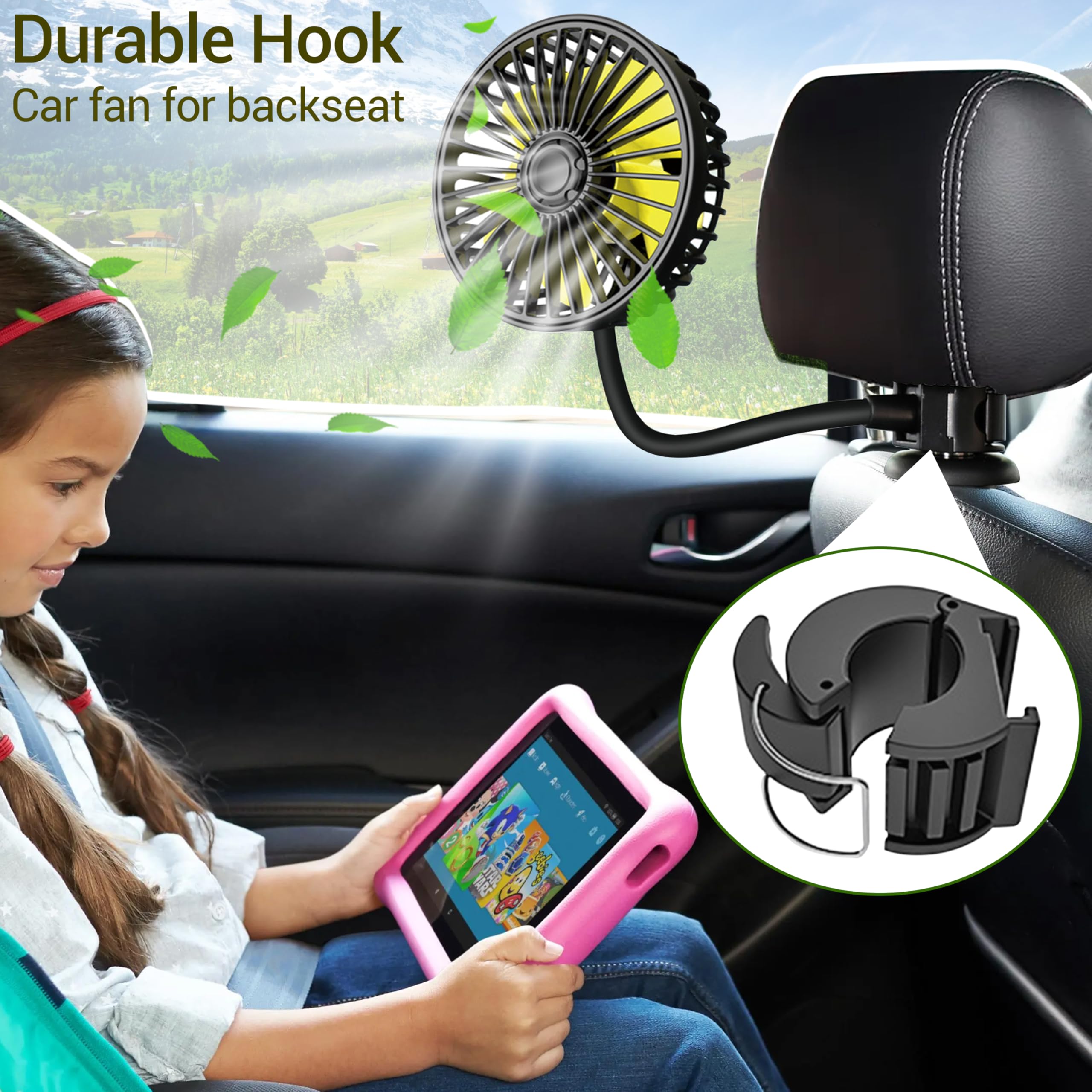 Qidoe USB Car Fan - 360° Rotatable Portable Cooling Fan for Rear Seat Passengers with 3 Speed Settings | Perfect for Cars, SUVs, RVs, ATVs, Boats & Trucks | Stay Cool During Road Trips & Summer Commutes