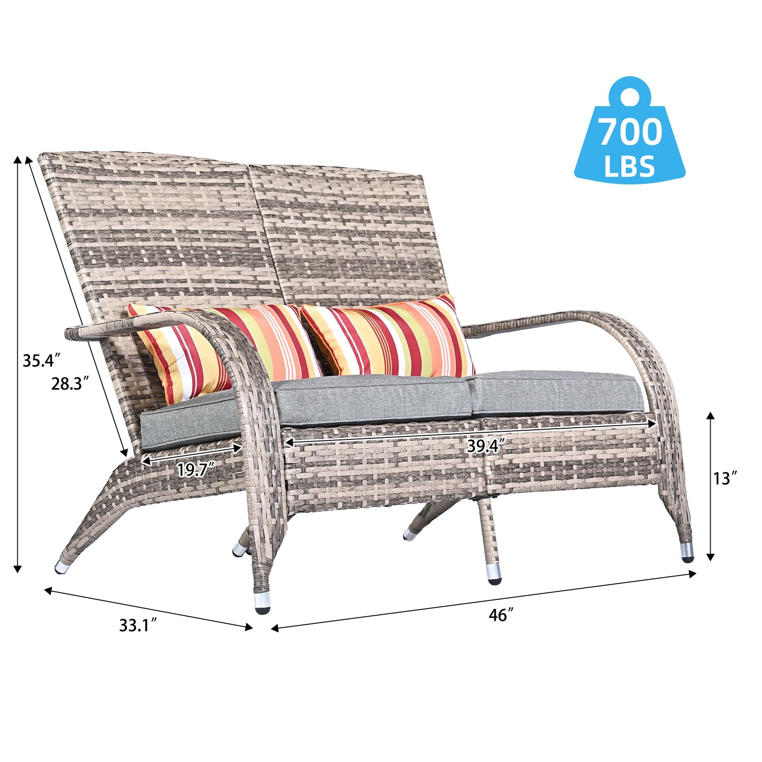 Outdoor Patio Wicker Loveseat Bench - Grey Rattan Double Adirondack Chairs with Cushions, Comfortable Deep Seating High Back Sofa for Deck, Balcony, Garden & Fire Pit Relaxation