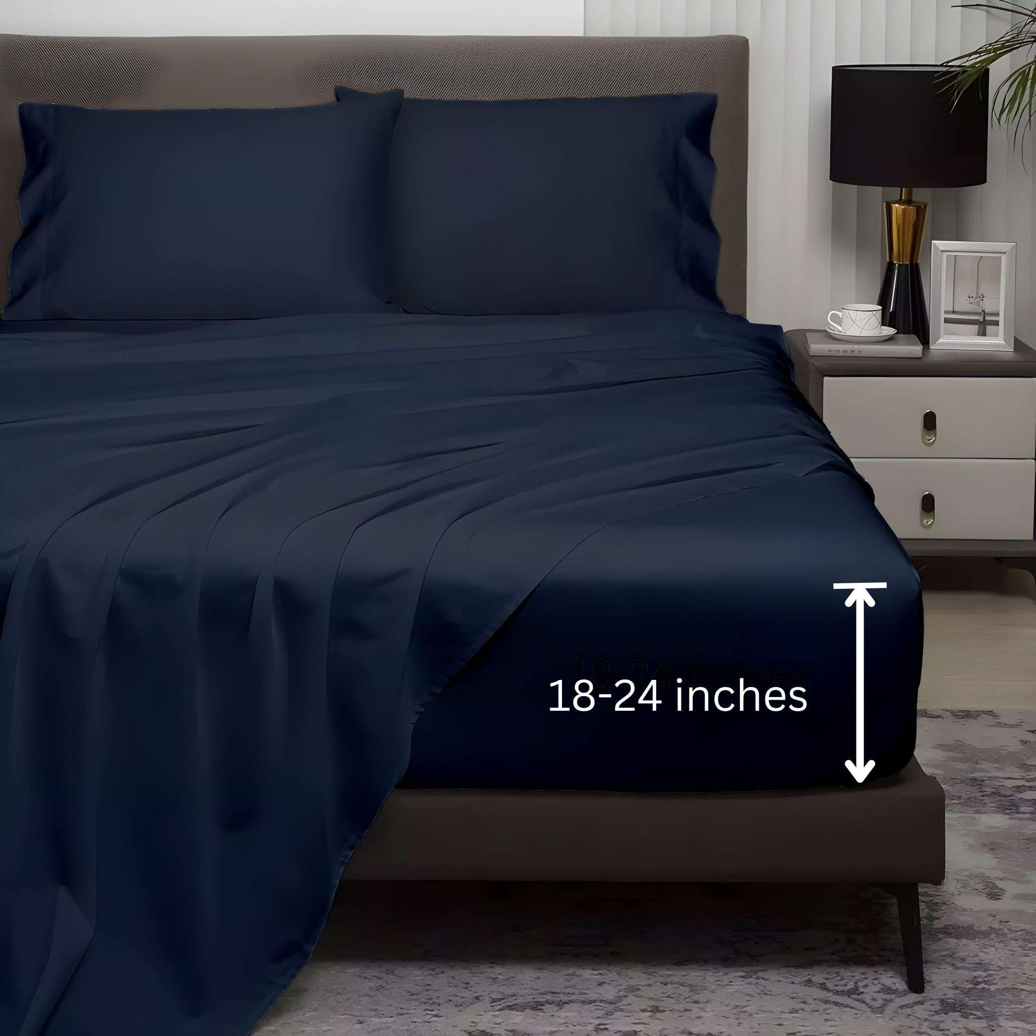 Premium 4-Piece Queen Size Extra Deep Pocket Sheet Set - 18 to 24 Inch Deep Fitted Cotton Bed Sheets in Navy Blue - Perfect for Thick Mattresses, Adjustable Beds & Luxury Bedrooms