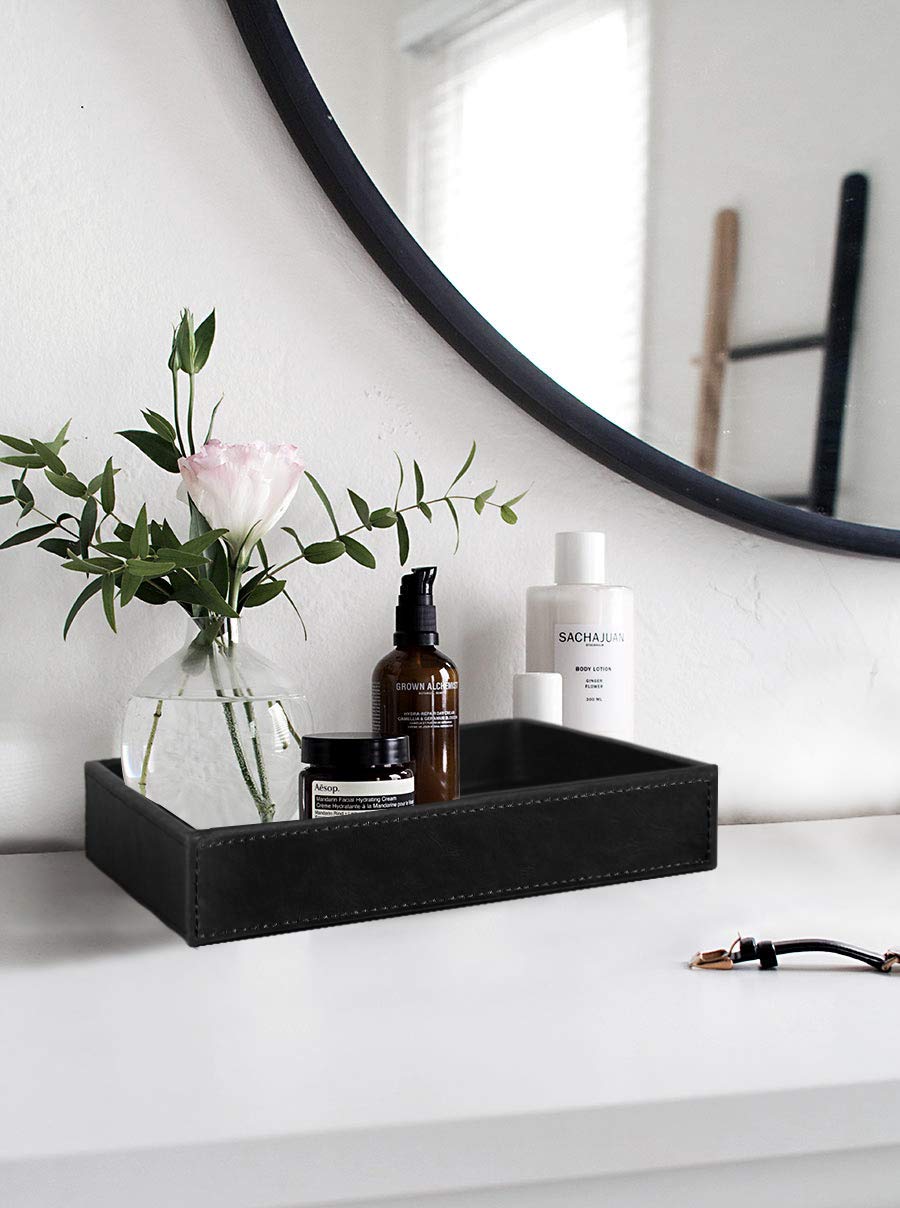 HofferRuffer Faux Leather Vanity Tray - Elegant Desktop & Dresser Organizer for Jewelry, Perfume & Essentials - Decorative Catchall Tray for Bathroom, Nightstand or Makeup Table - Black, 10.2 x 8.4 x 1.8 Inches - Perfect for Home Decor & Gift Giving