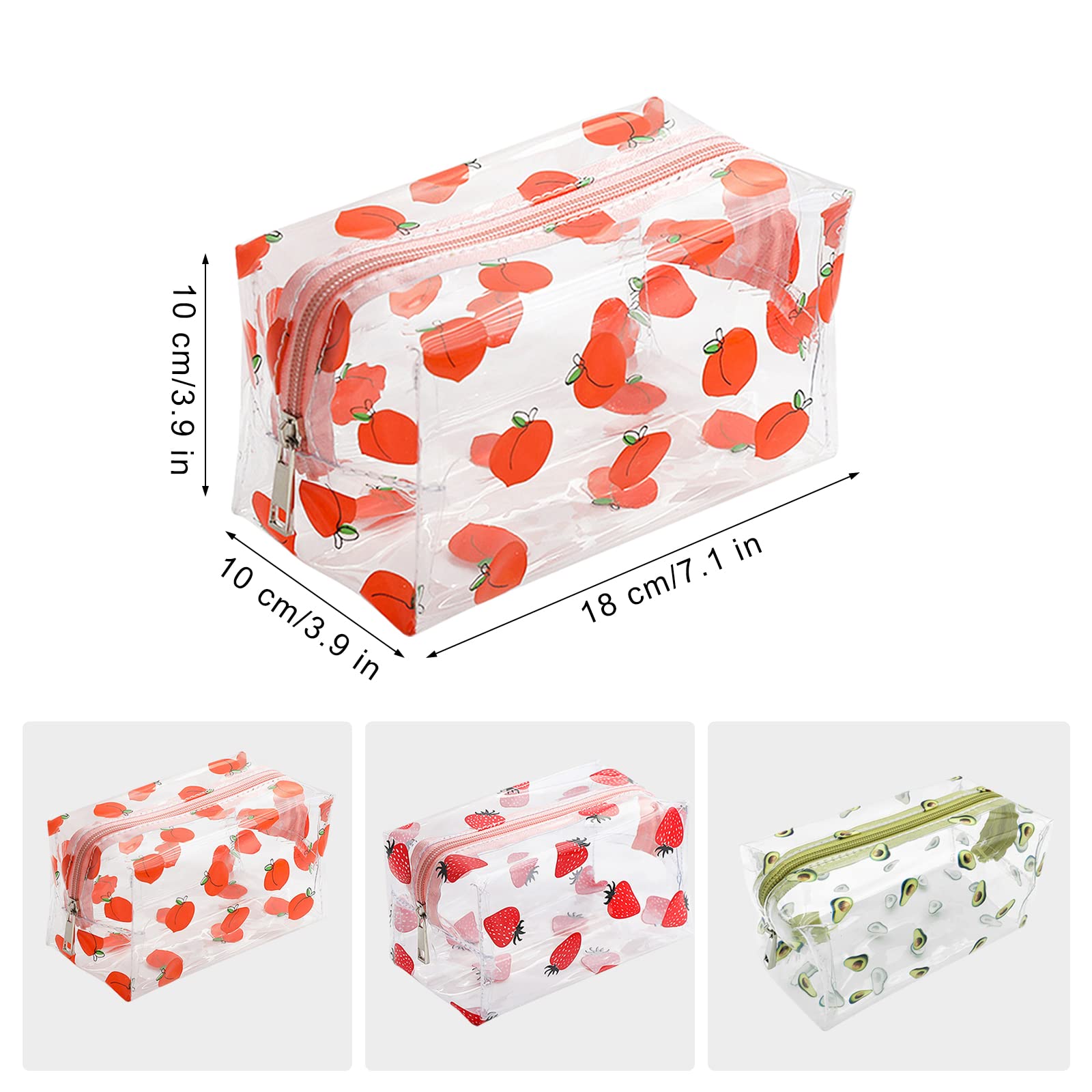 Cute Kawaii Clear Makeup Bag Organizer - Large Capacity Zippered Cosmetic Pouch, Cartoon Toiletry Storage Case for Women, 3-Pack Transparent Travel & Office Essentials (Fruit Design) - Perfect for Travel, Gym, and Daily Beauty Organization