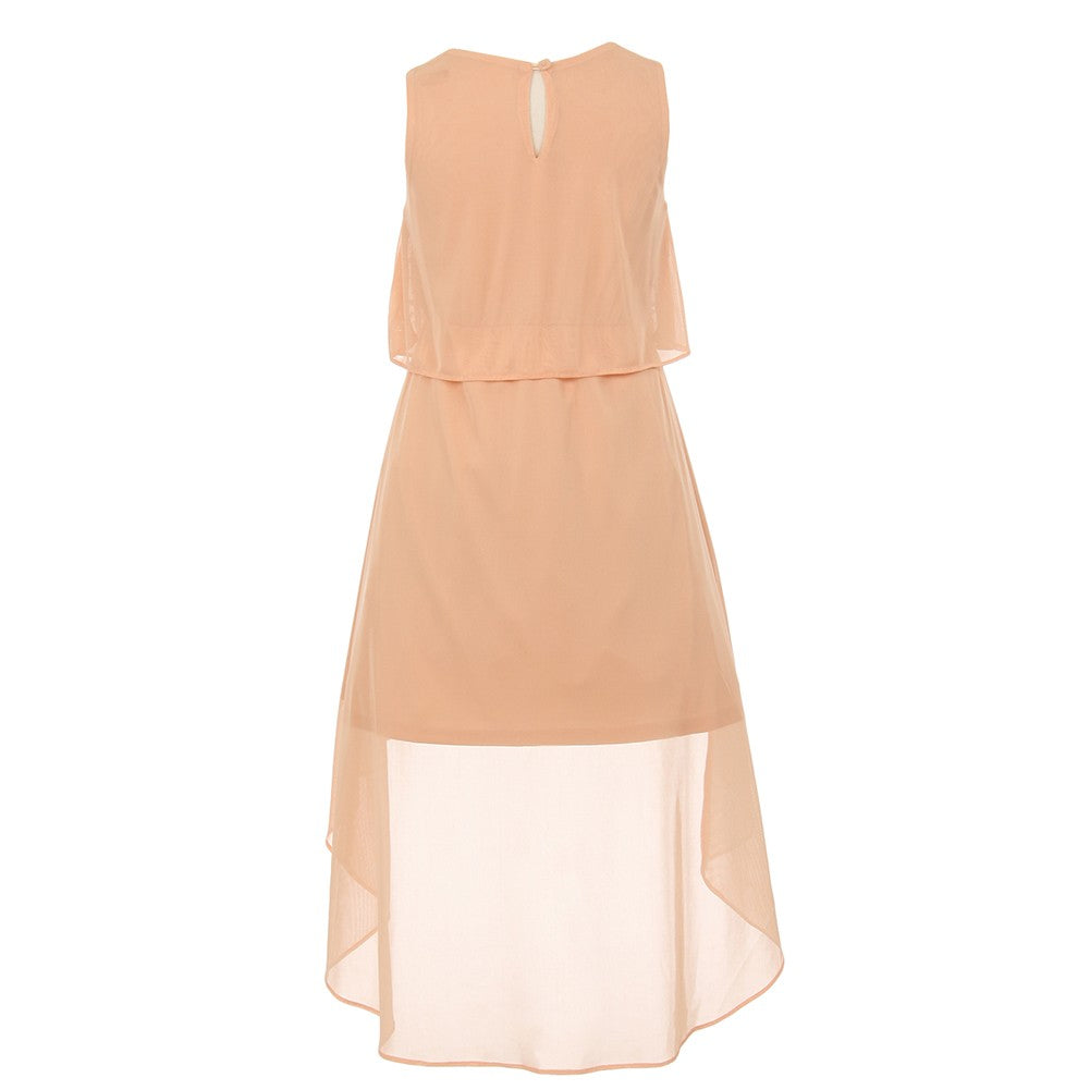 Elegant Peach Rhinestone Chiffon Hi-Low Bridesmaid Dress for Juniors - Size 12-14 | Perfect for Weddings, Prom & Formal Events